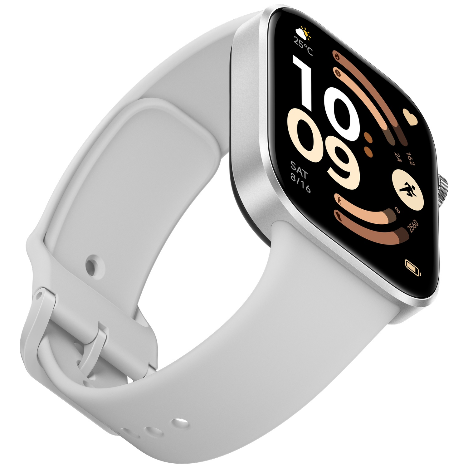 Een wit smartwatch met zilveren rand en witte band toont 10:09.