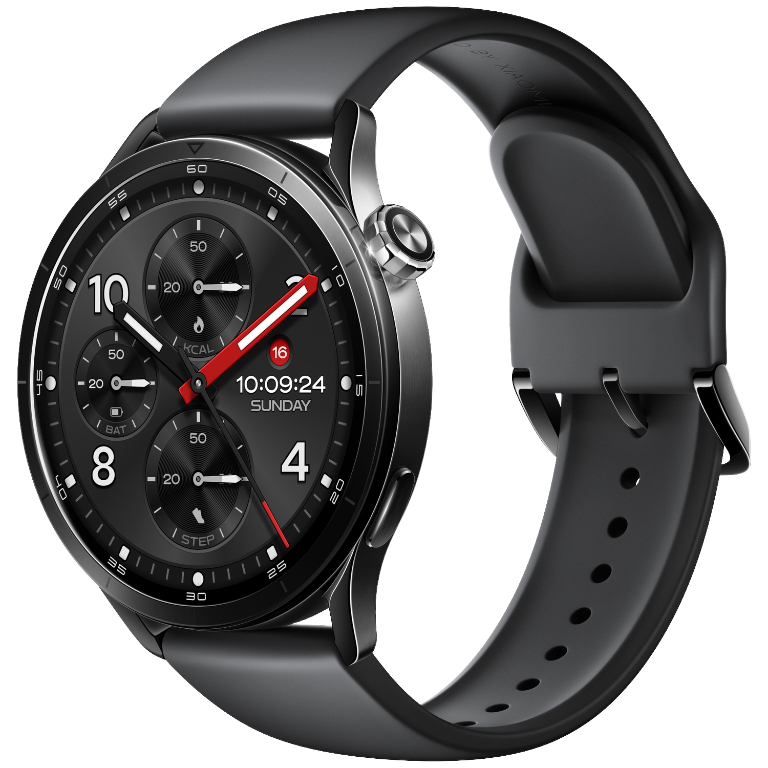 Een zwarte smartwatch met zilveren accenten op een zwarte achtergrond.