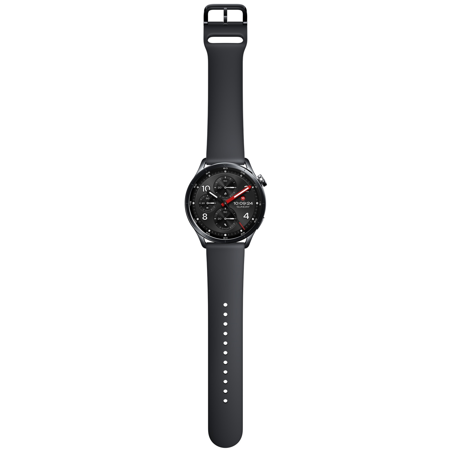 Een donker smartwatch met zwarte band, tijd 10:09:24.