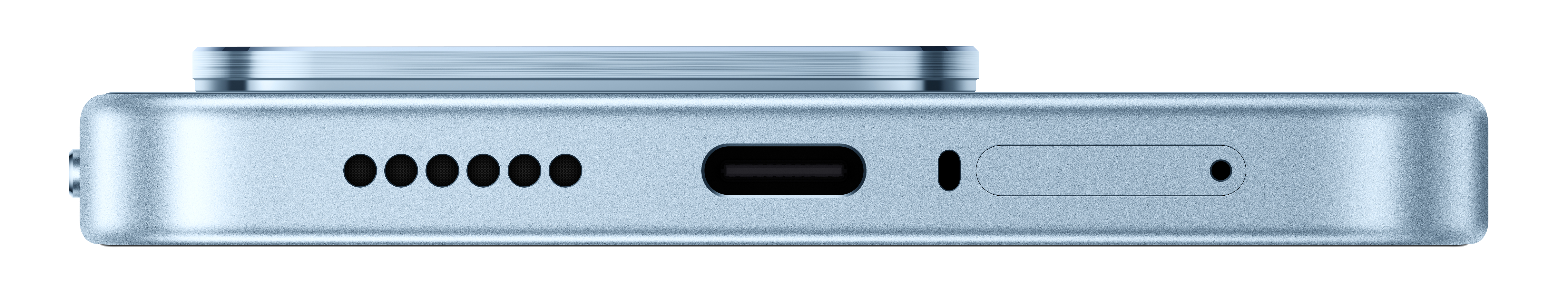 Detailaufnahme eines blauen Smartphones: USB-C-Anschluss, Lautsprechergitter und Mikrofonloch.
