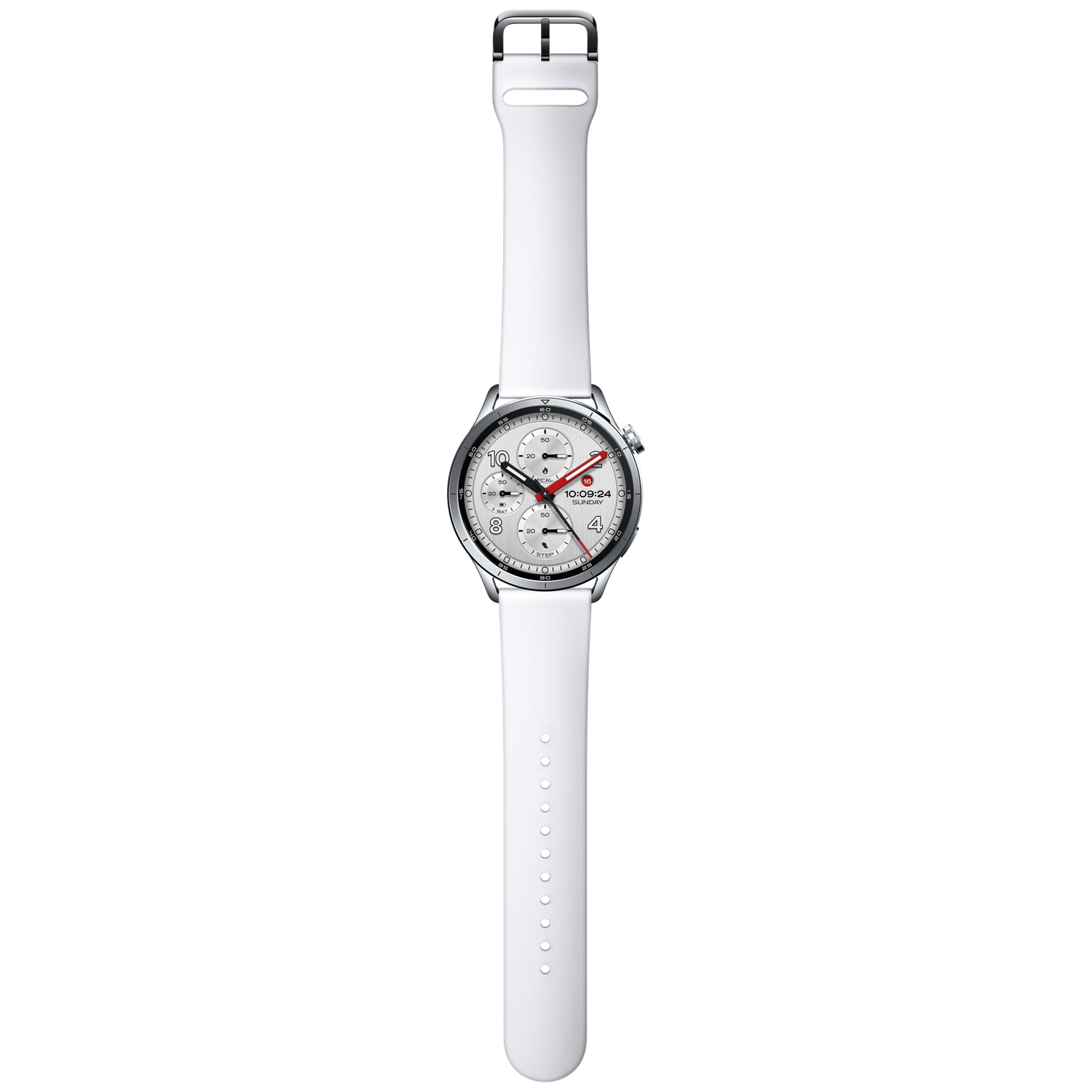 Een witte smartwatch met zilveren kast en zwart wijzerplaat.