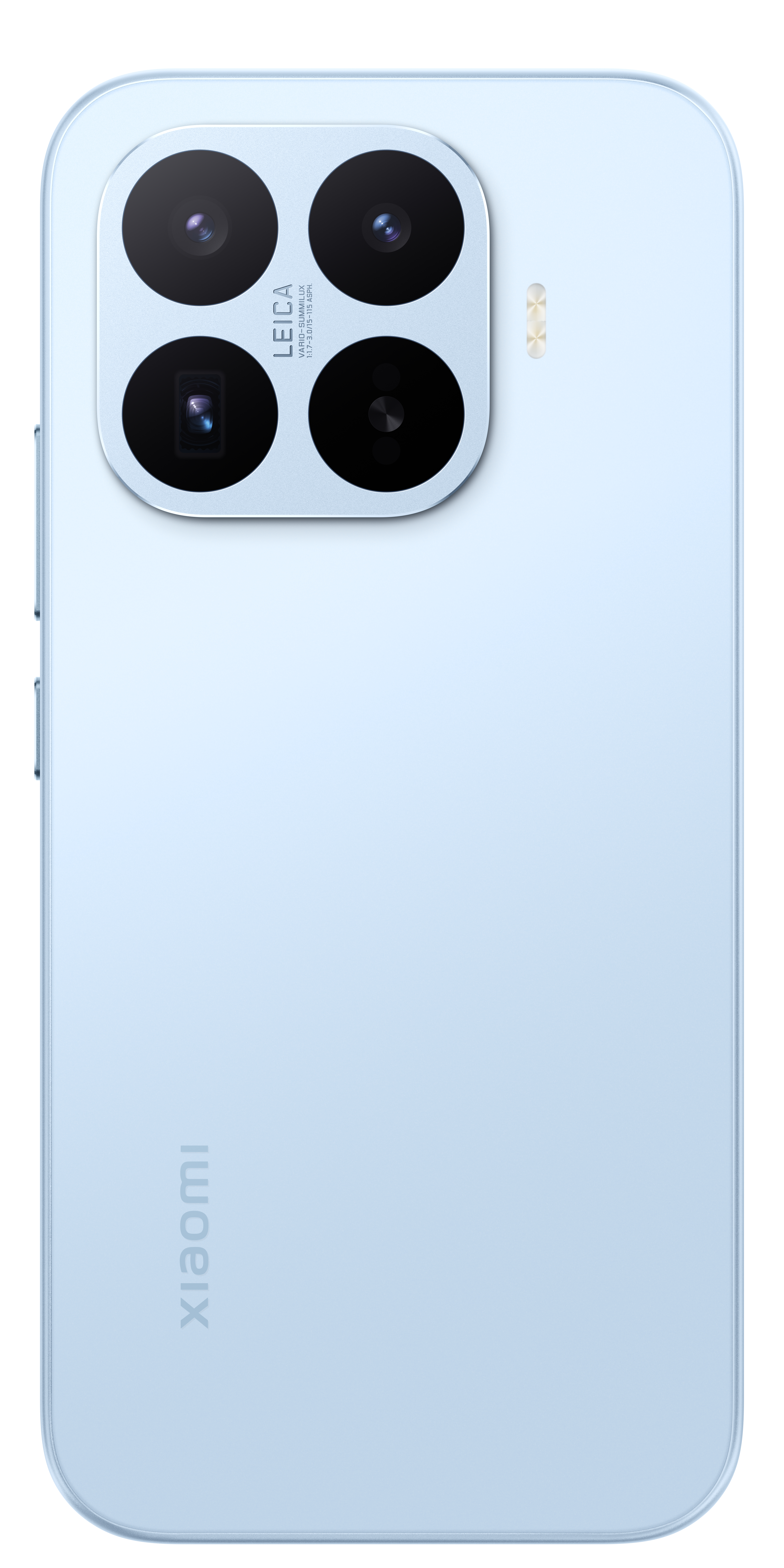 Rückseite eines hellblauen Smartphones mit vier Kameras und dem Xiaomi-Logo.