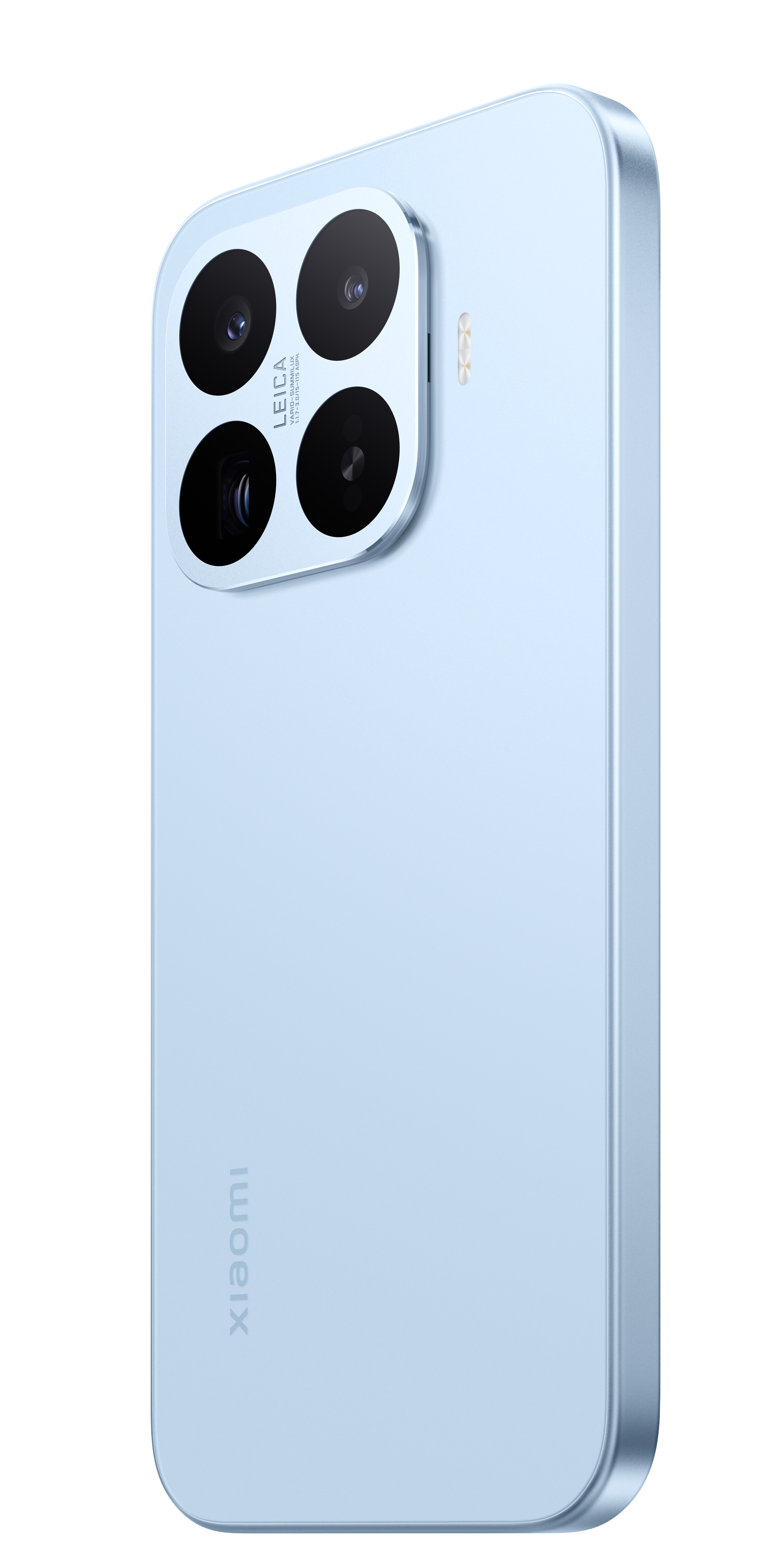 Ein hellblaues Smartphone mit vier Kameras und dem Leica-Logo auf der Rückseite.