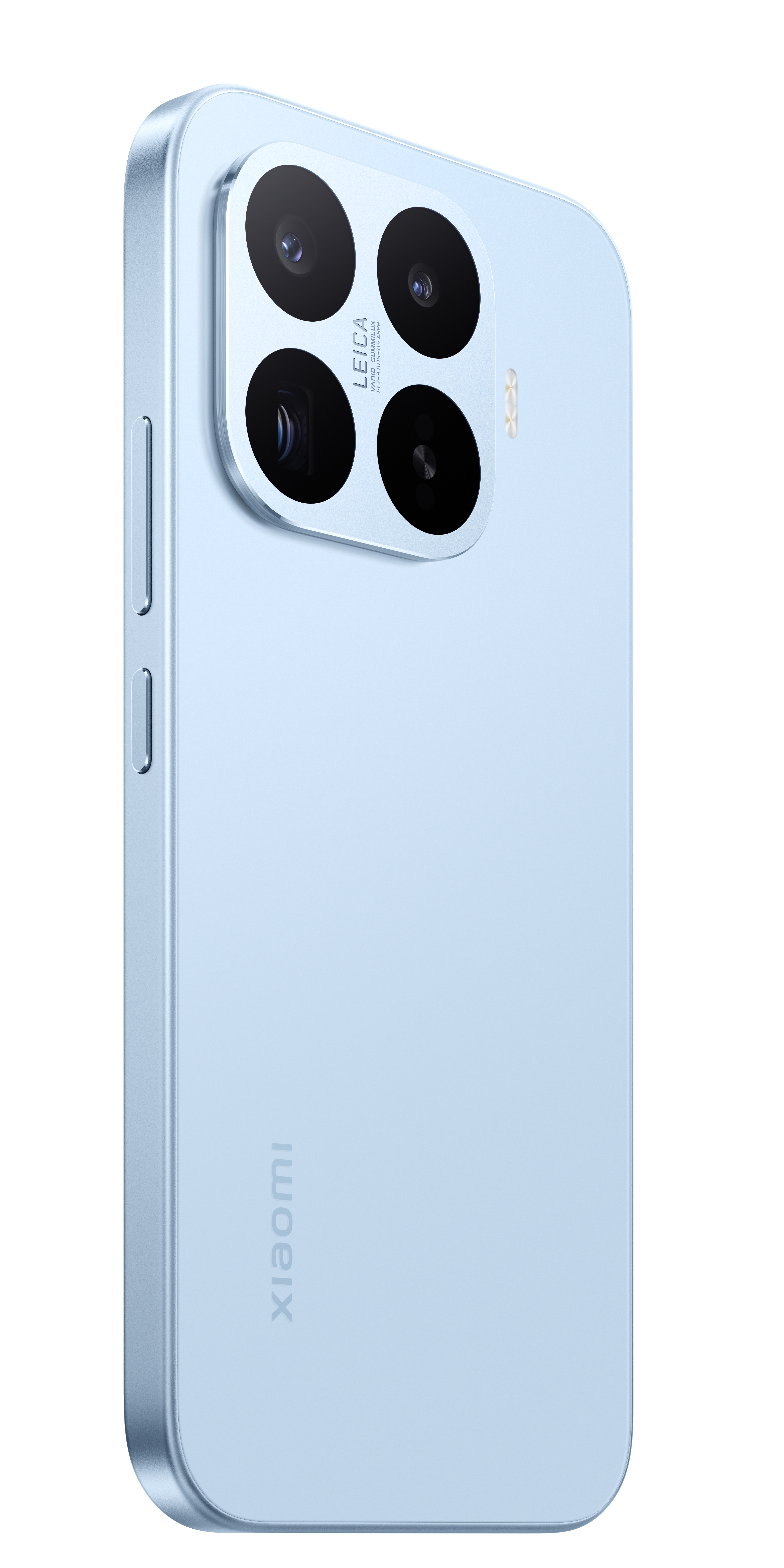Ein hellblaues Smartphone mit vier Kameras und Leica-Aufschrift.