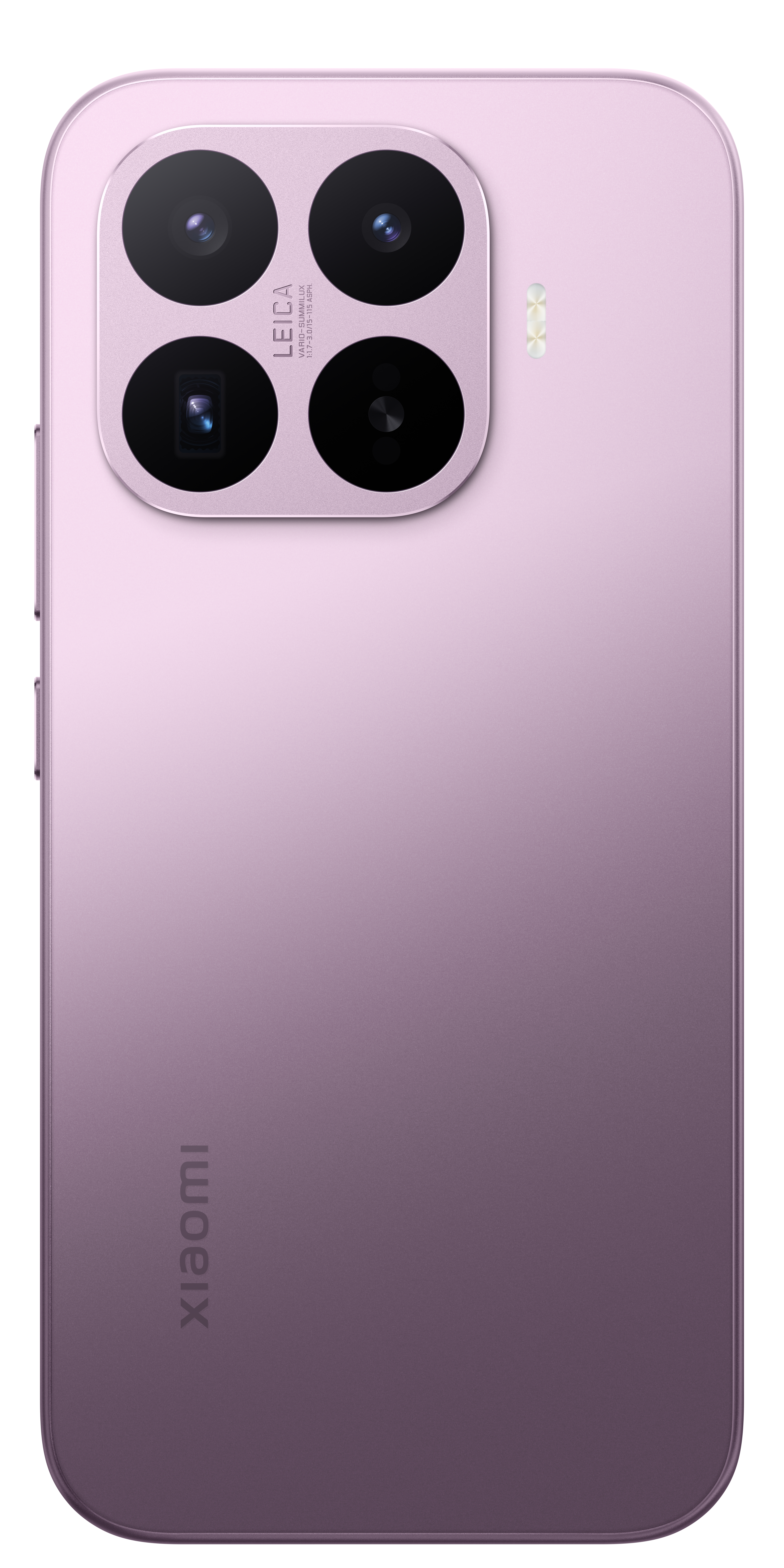 Rückseite eines lila Smartphones mit Leica-Kamera und Xiaomi-Logo.