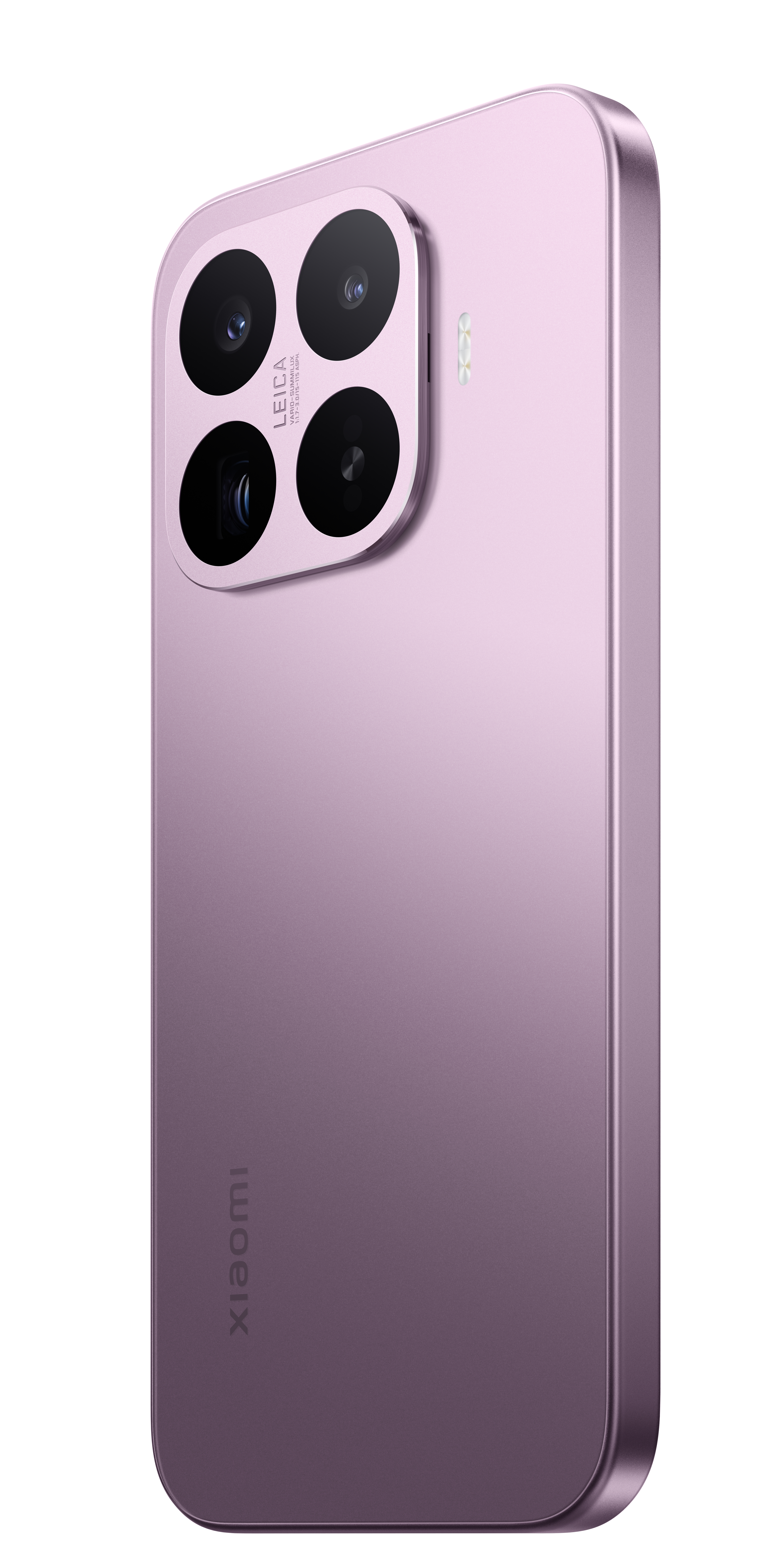 Rückseite eines matten, lavendelfarbenen Smartphones mit vier Kameras und Leica-Branding.