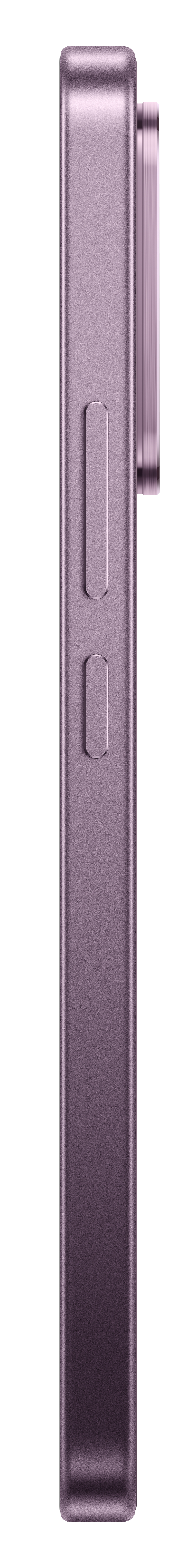 Die lila Seite eines Smartphones mit zwei Knöpfen und einer Kamera.