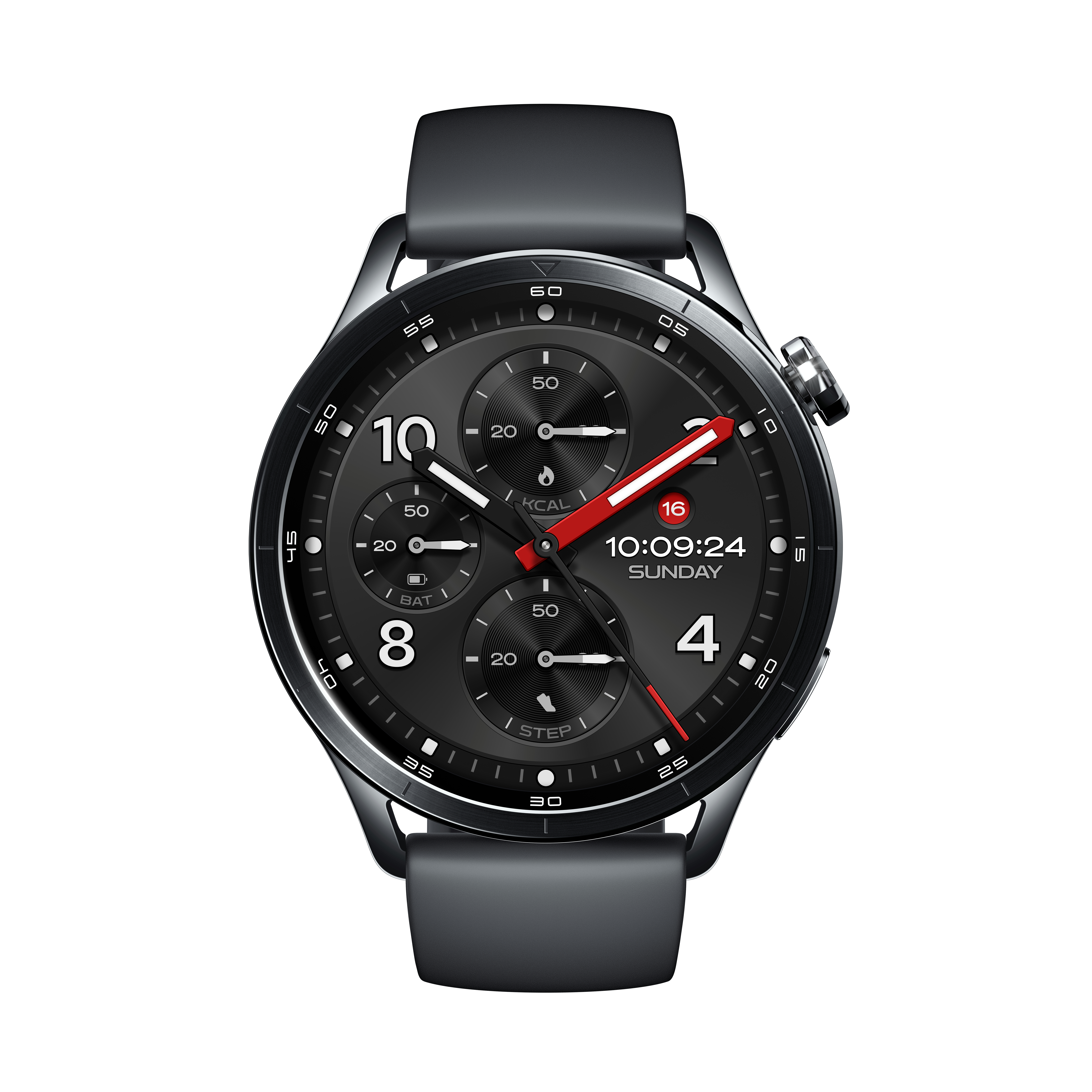 Schwarze Smartwatch mit silbernem Gehäuse und Zifferblatt mit vielen Anzeigen.