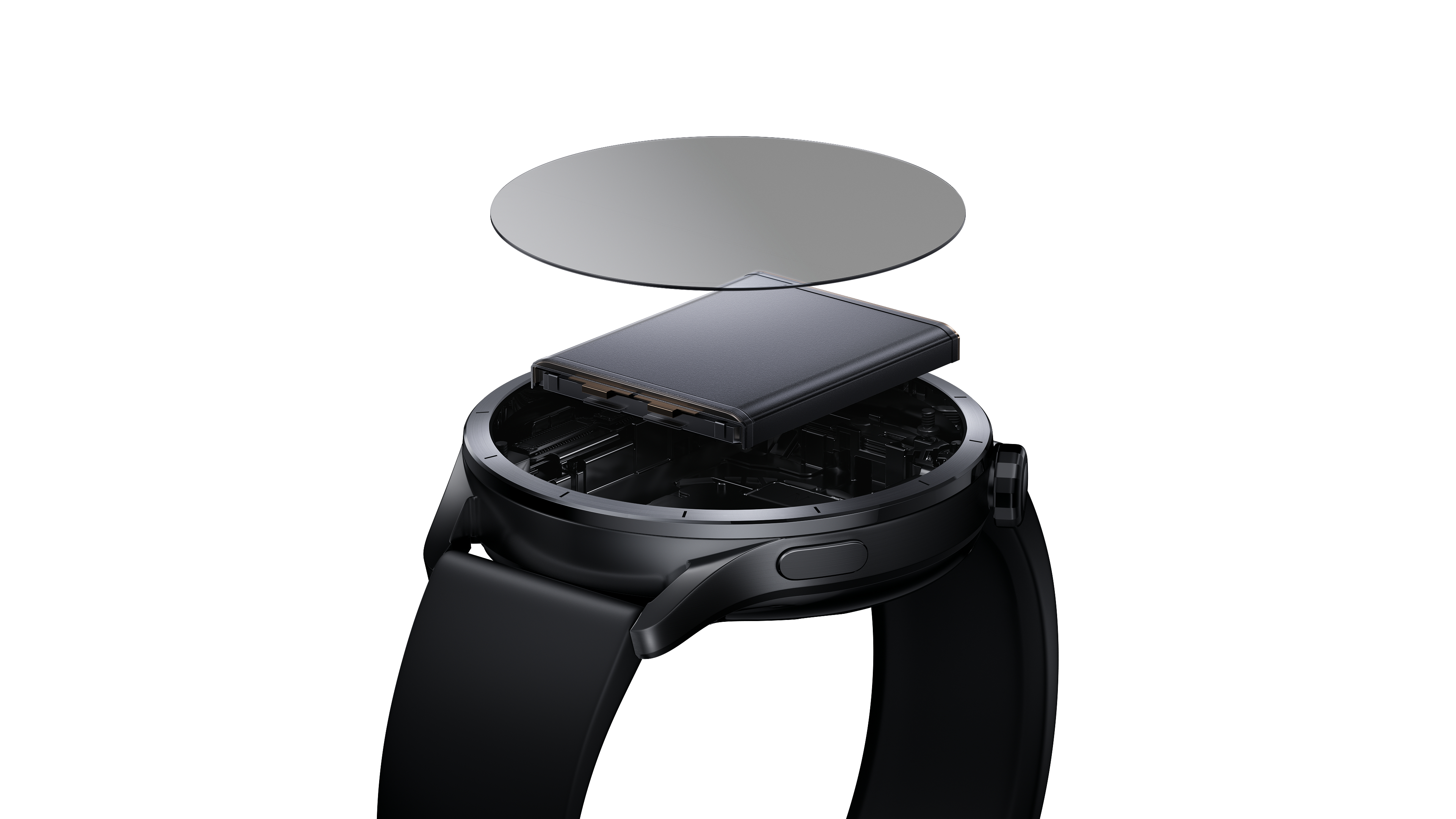 Schwarze Smartwatch mit freigelegtem Innenleben und abgenommener runder Glasabdeckung.