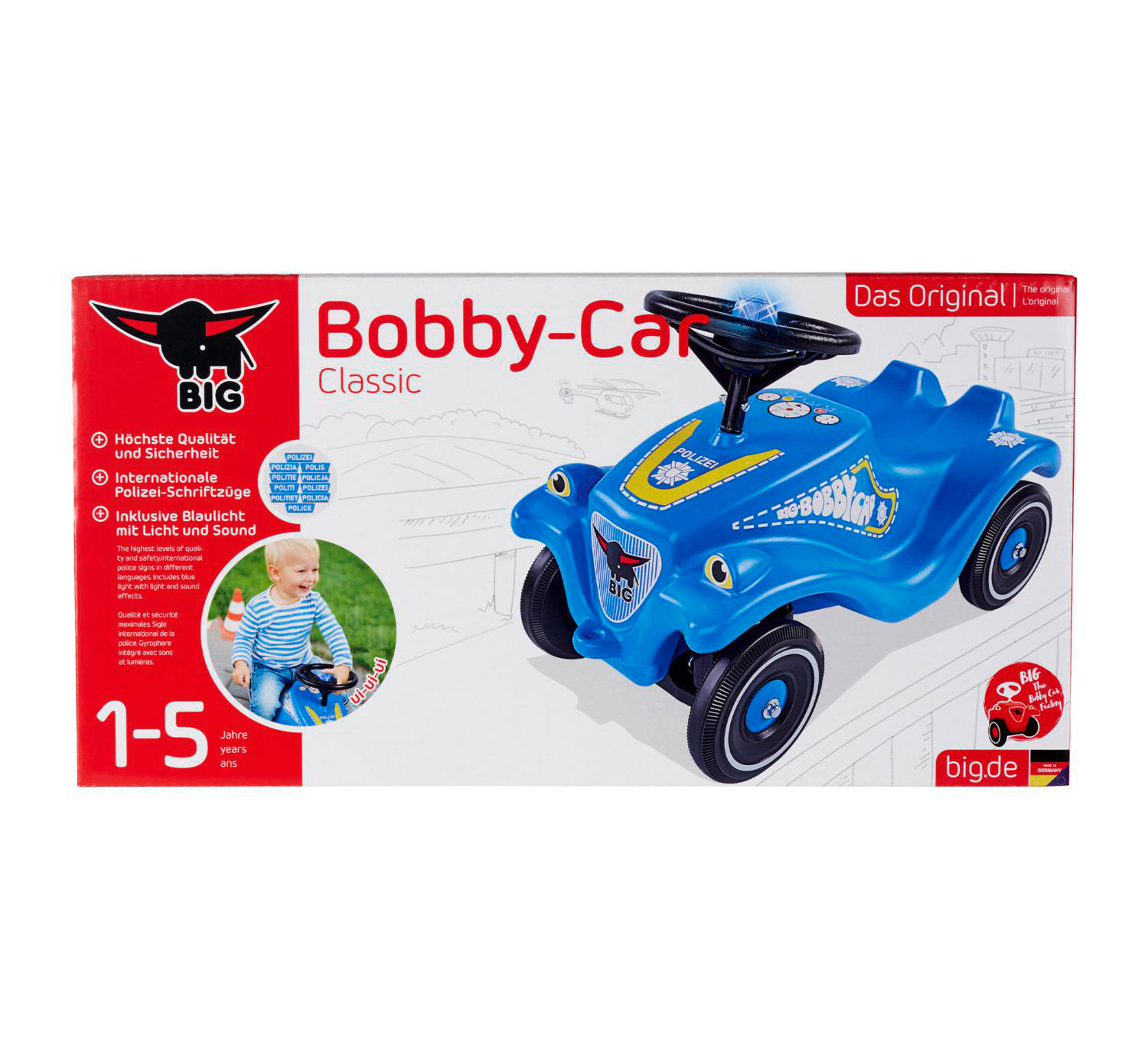 Blauer Polizei Bobby-Car mit Licht und Sound, für Kinder von 1-5 Jahren.