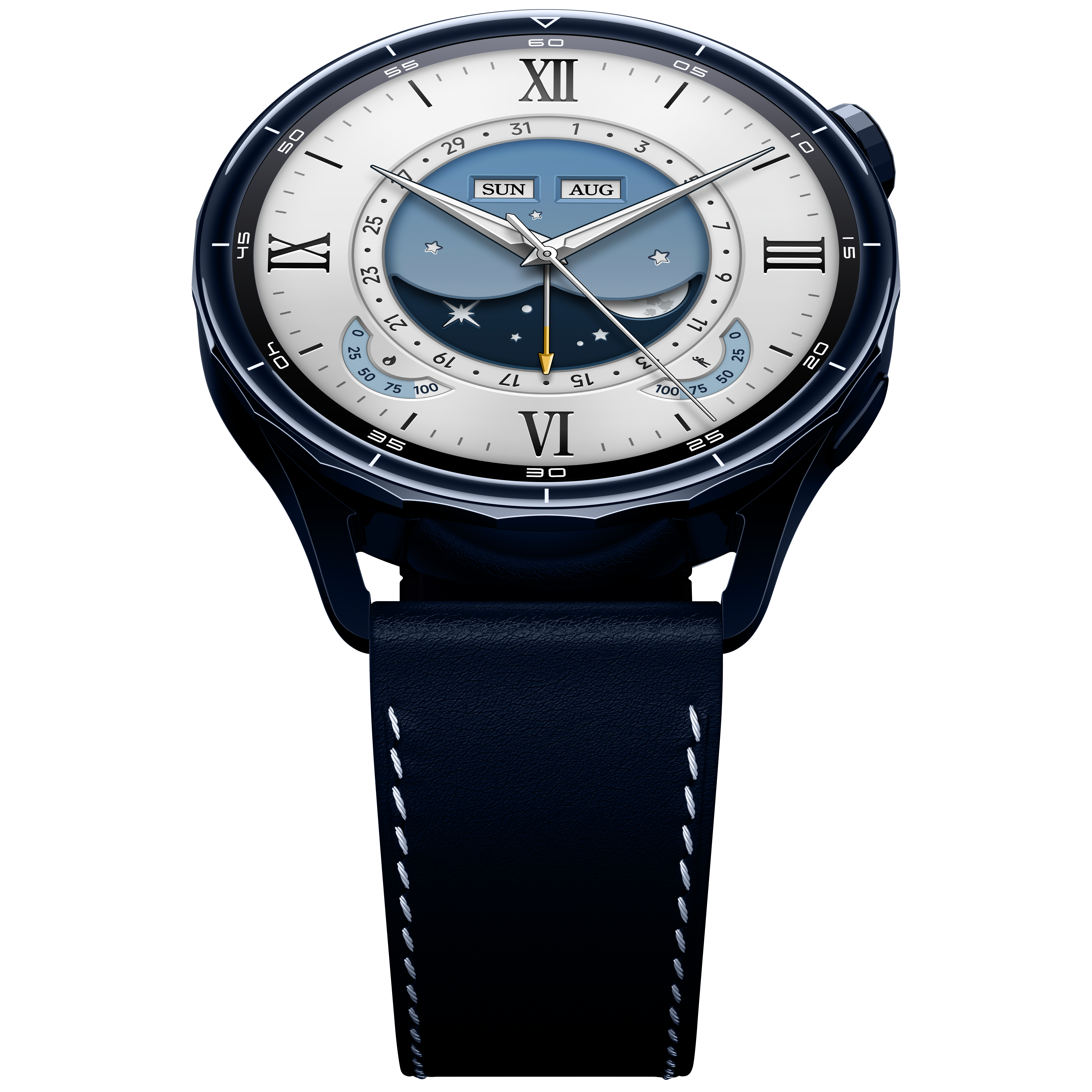 Eine dunkle blaue Armbanduhr mit weißem Zifferblatt und Mondphasenanzeige.