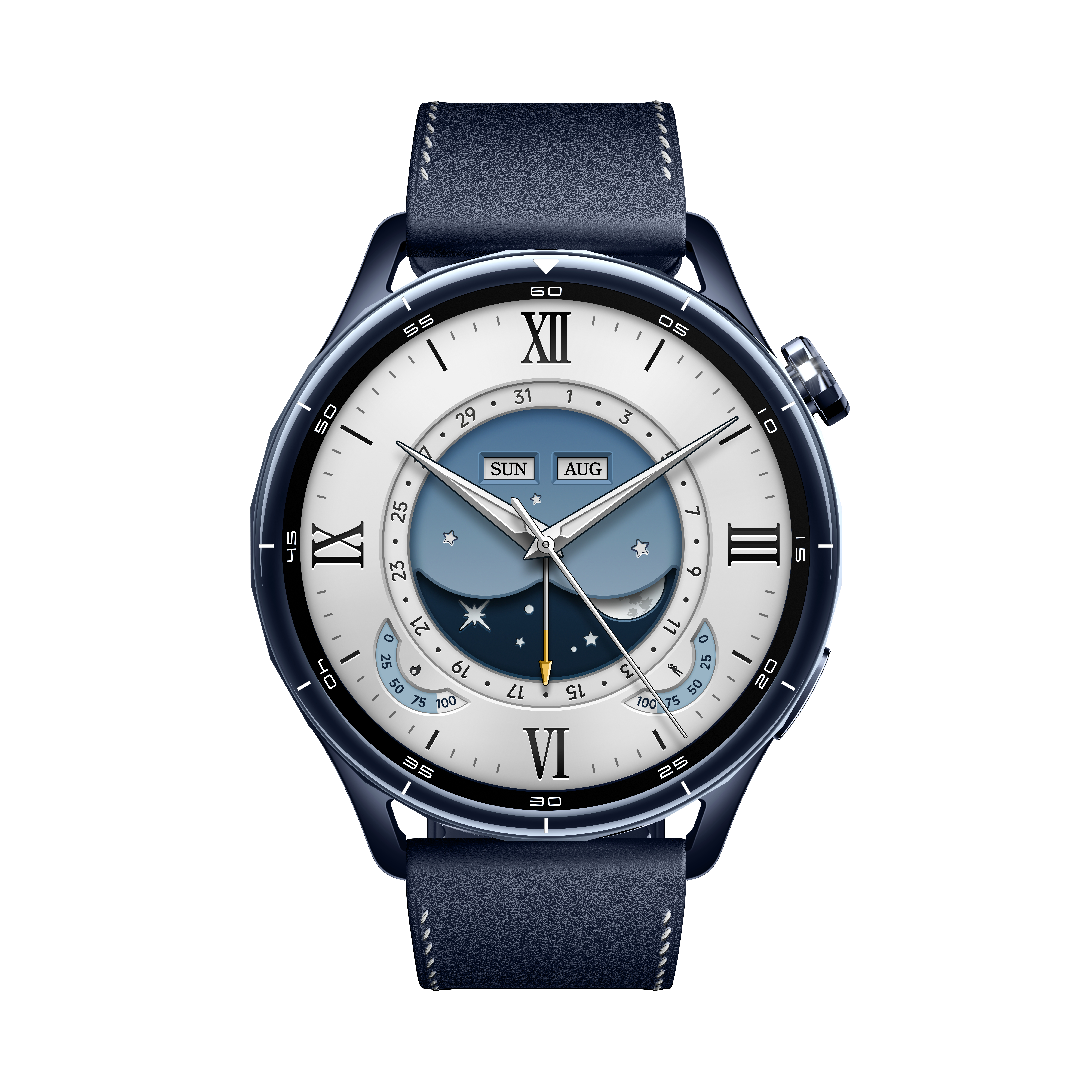 Eine Smartwatch mit blauem Lederarmband und einem weißen Zifferblatt mit Mondphasenanzeige.