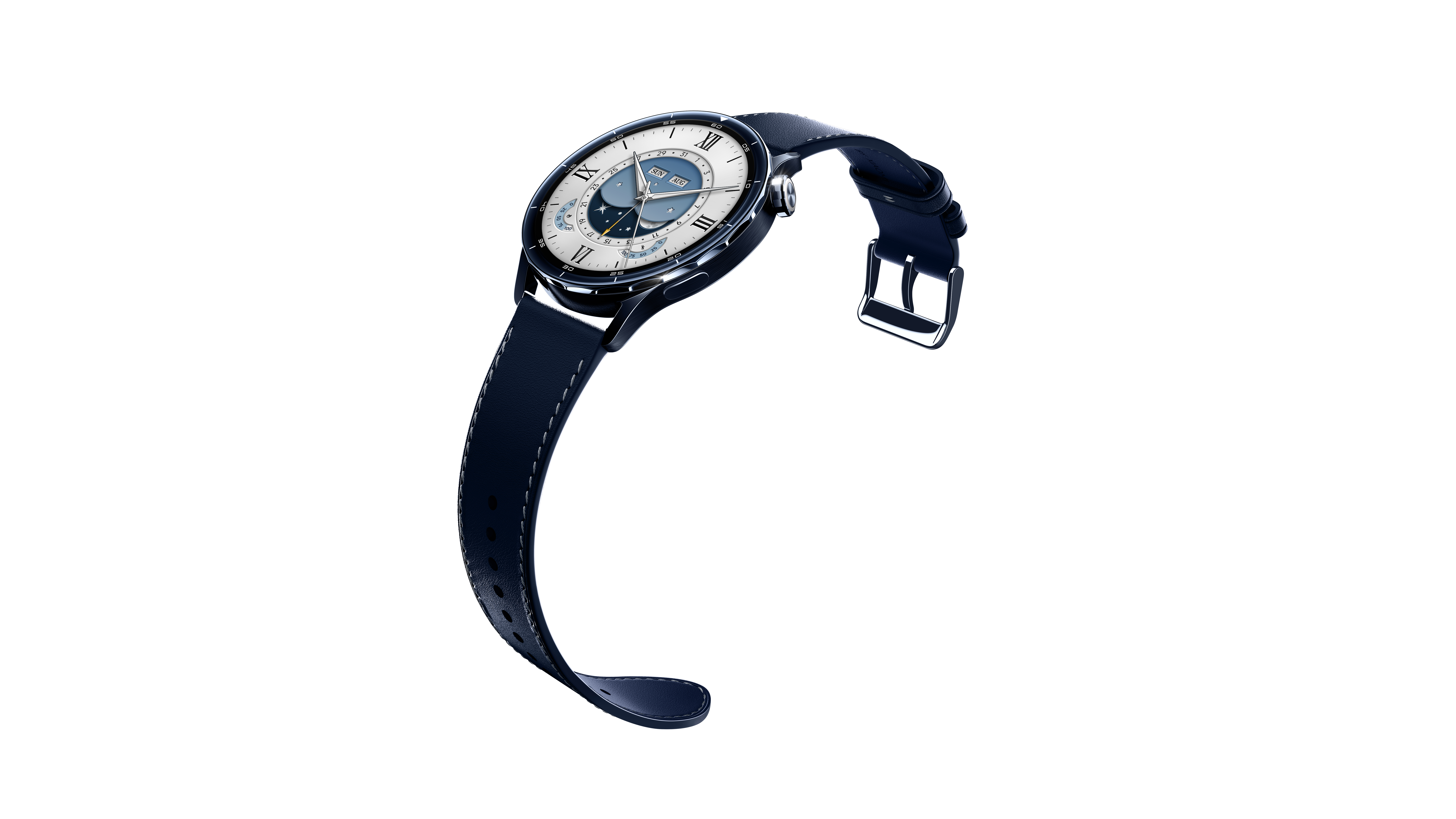 Eine dunkelblaue Smartwatch mit Lederarmband und silberner Schnalle auf weißem Hintergrund.