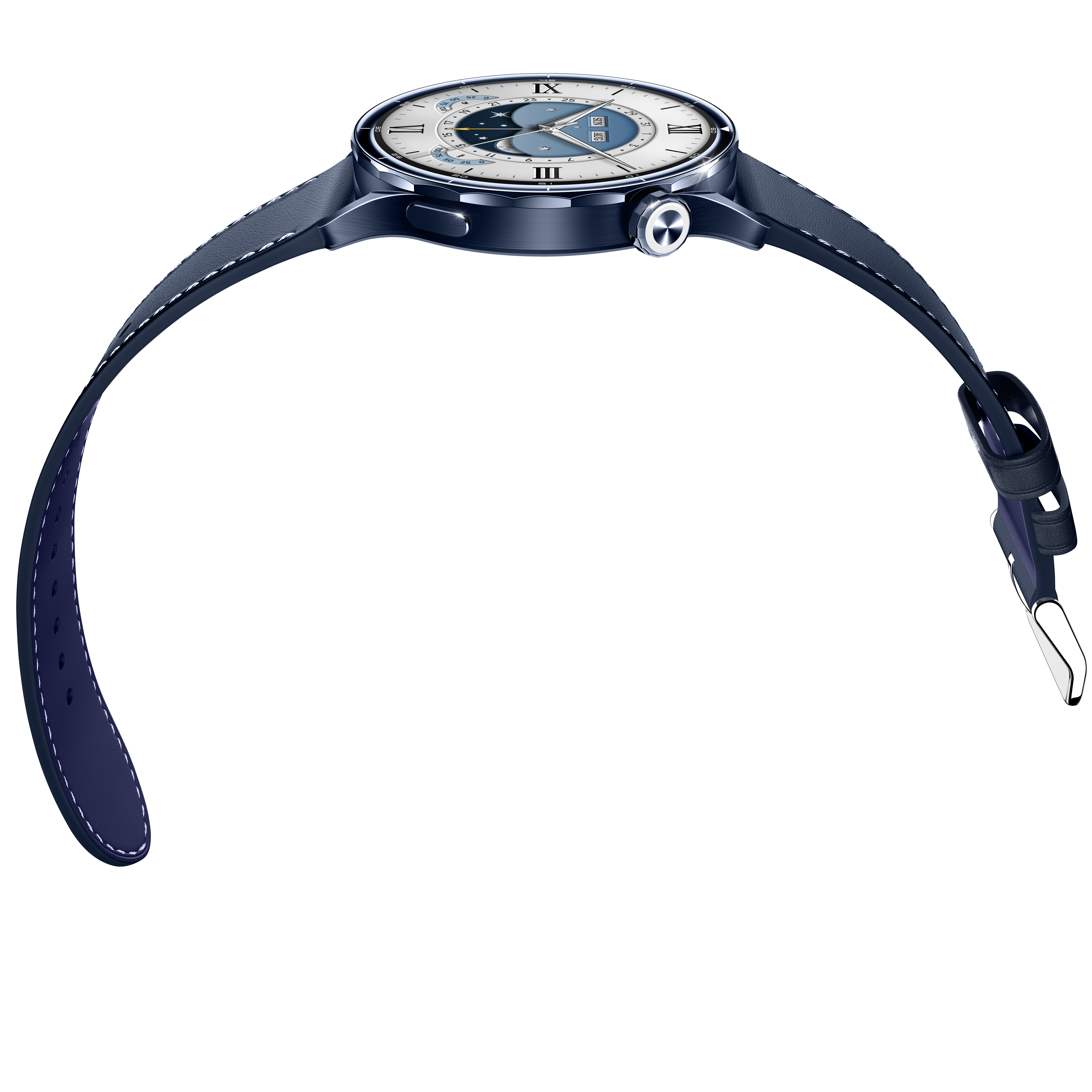 Eine blaue Lederarmbanduhr mit einem weißen Zifferblatt und römischen Ziffern.