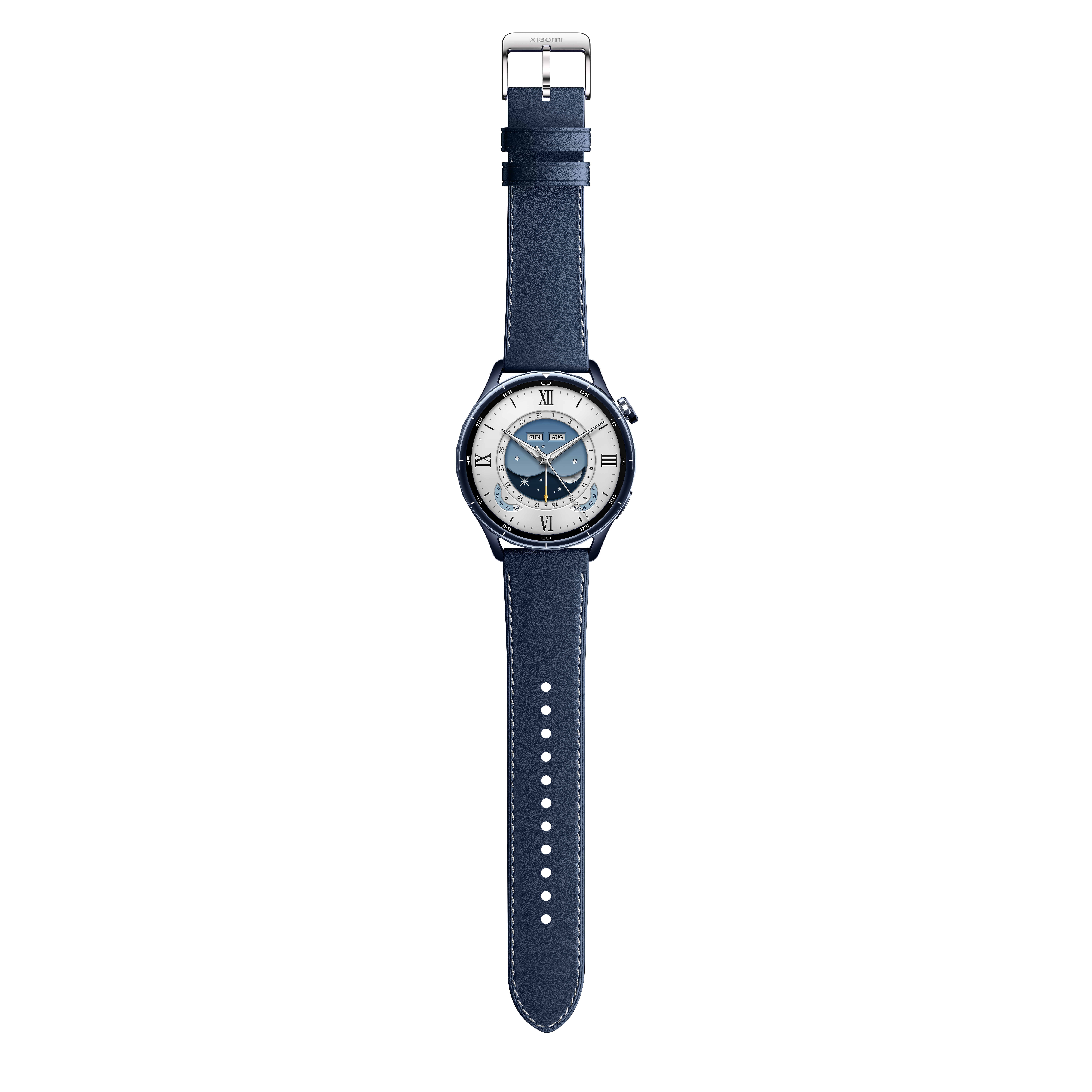 Eine dunkelblaue Smartwatch mit Lederarmband und weißer Naht auf weißem Hintergrund.