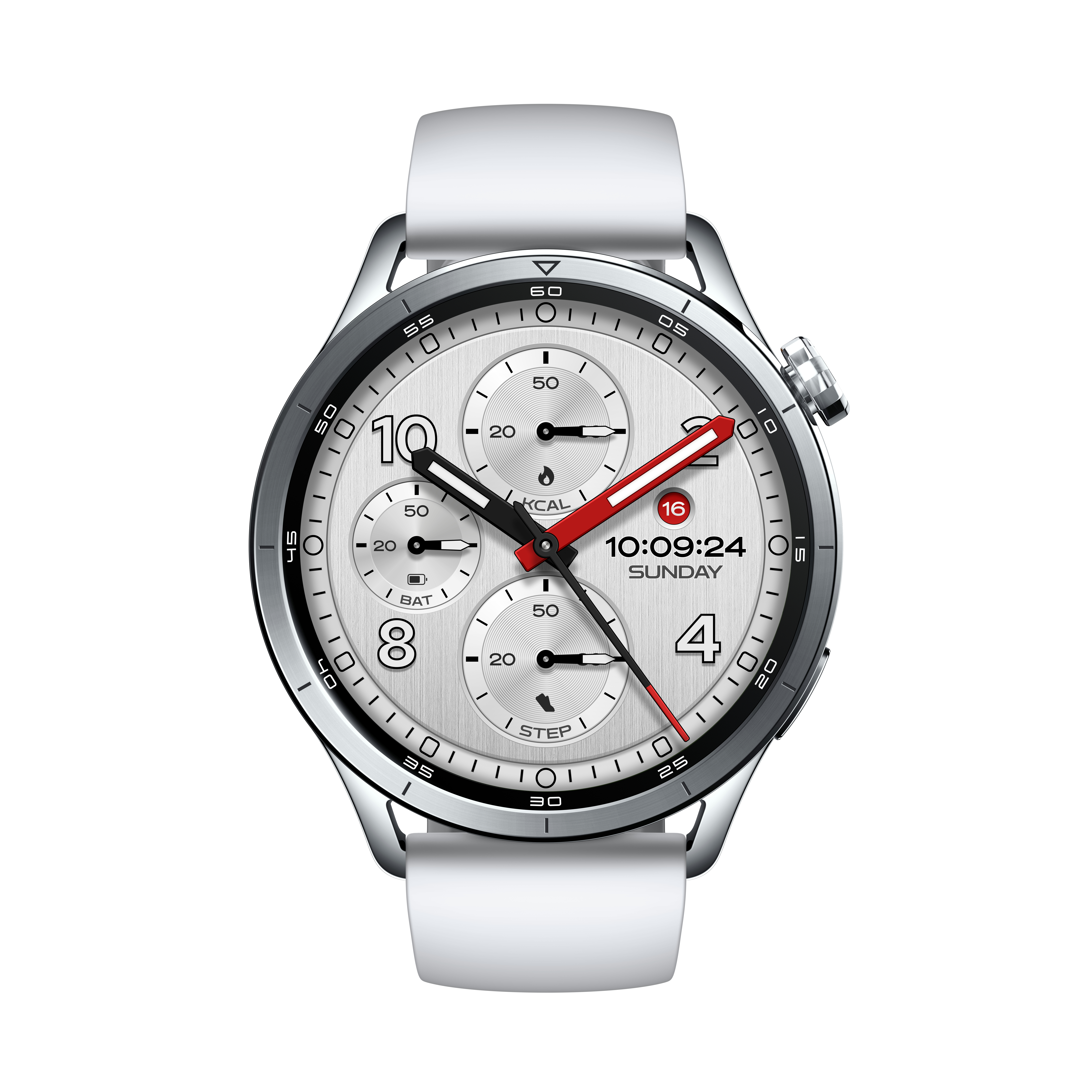 Eine silberne Smartwatch mit weißem Armband und silbernem Zifferblatt.