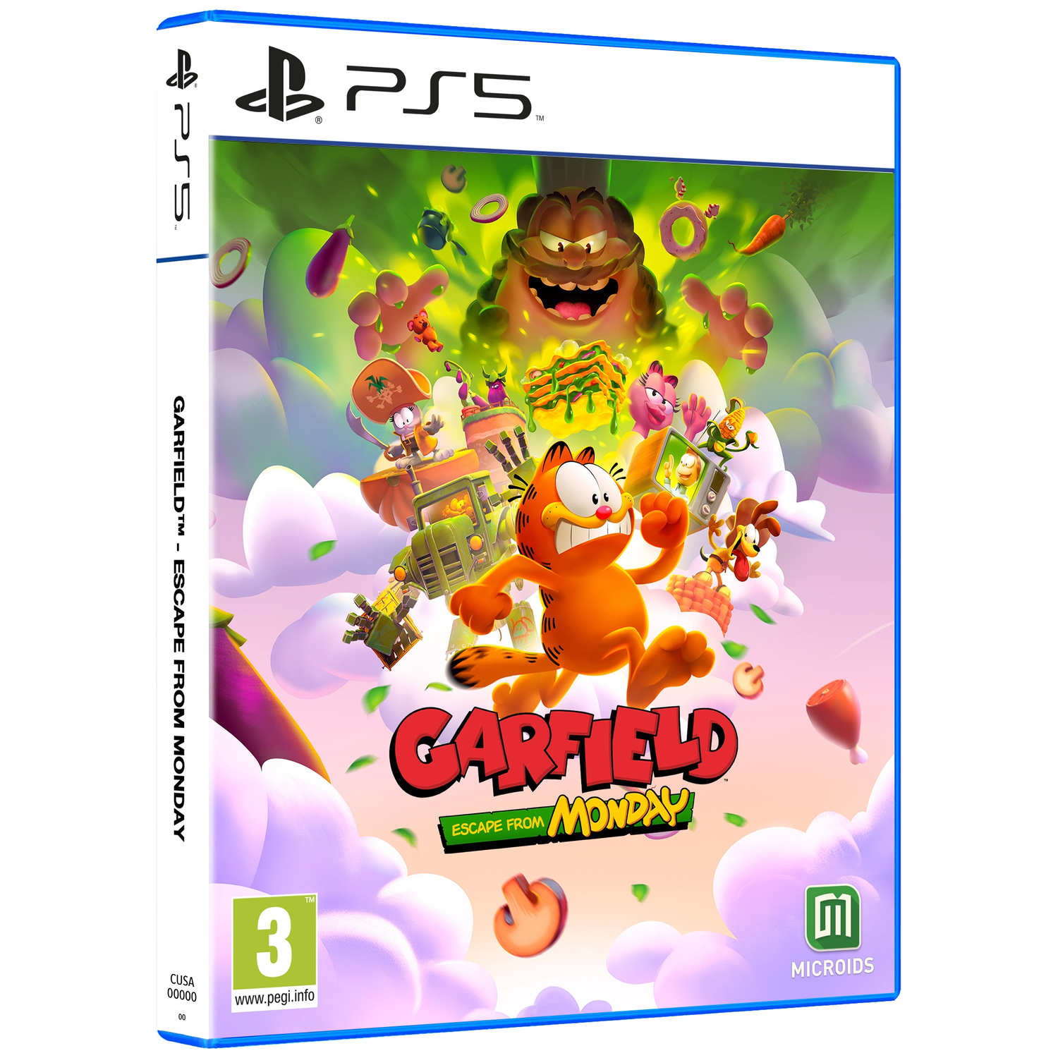 Garfield spelhoes voor PS5 met Garfield, Odie en andere personages in een kleurrijke scène.