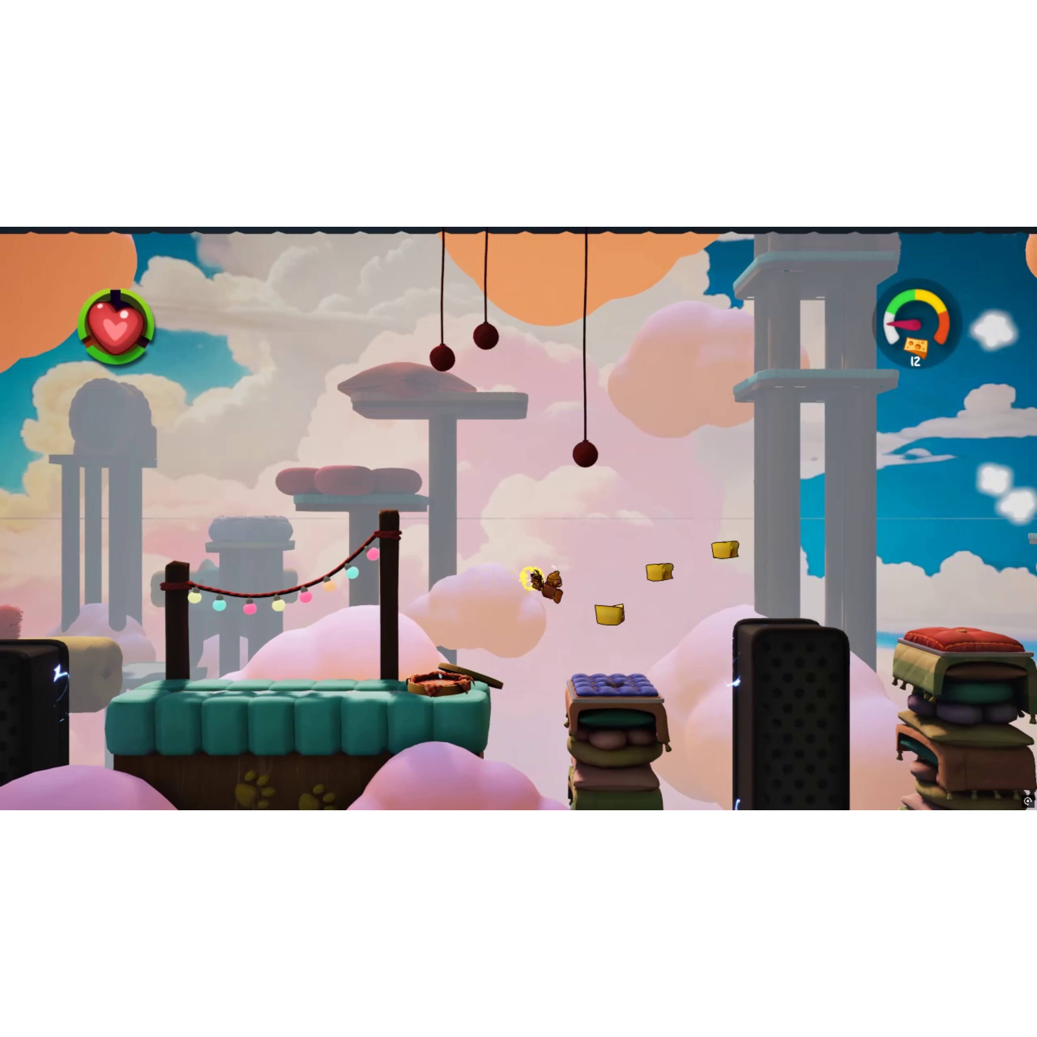 Een grillige spelscène met een personage dat vliegt tussen zwevende platforms en wolken.