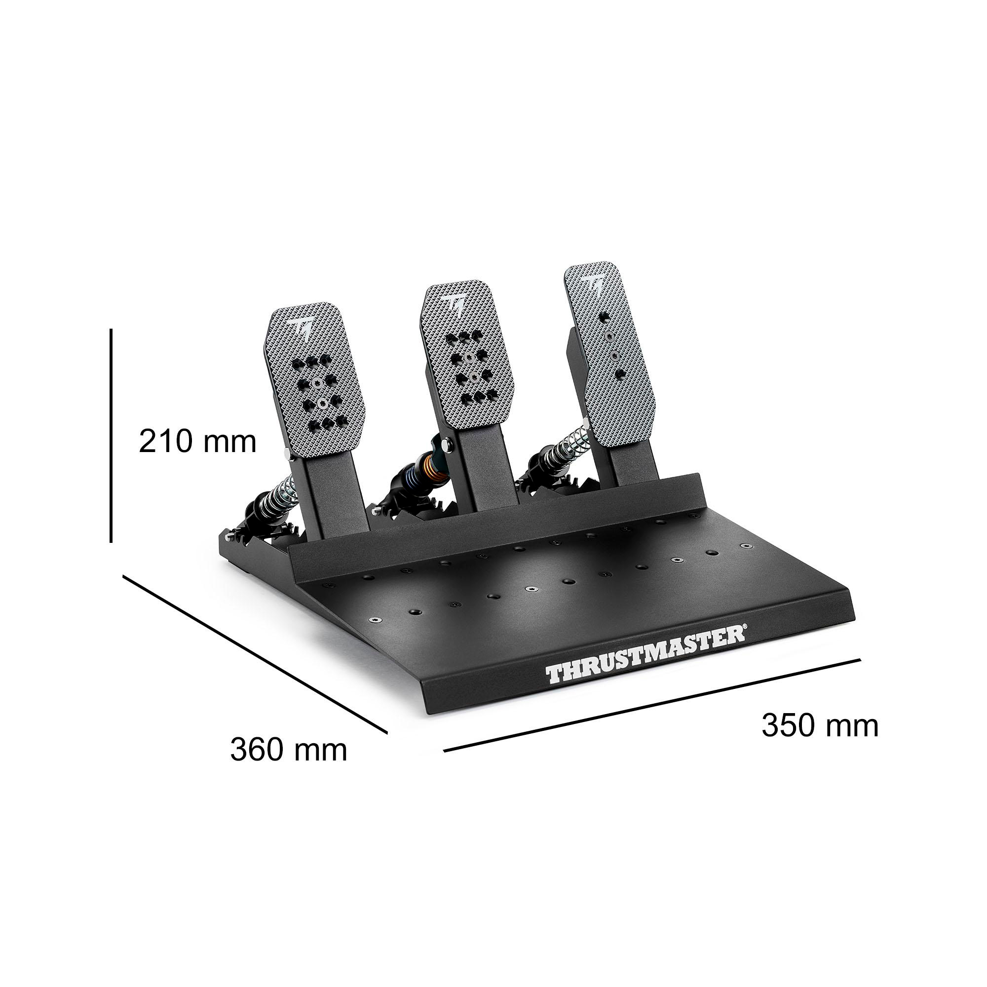 Ein schwarzes Thrustmaster Pedalset mit drei Metallpedalen auf einer schwarzen Basis.