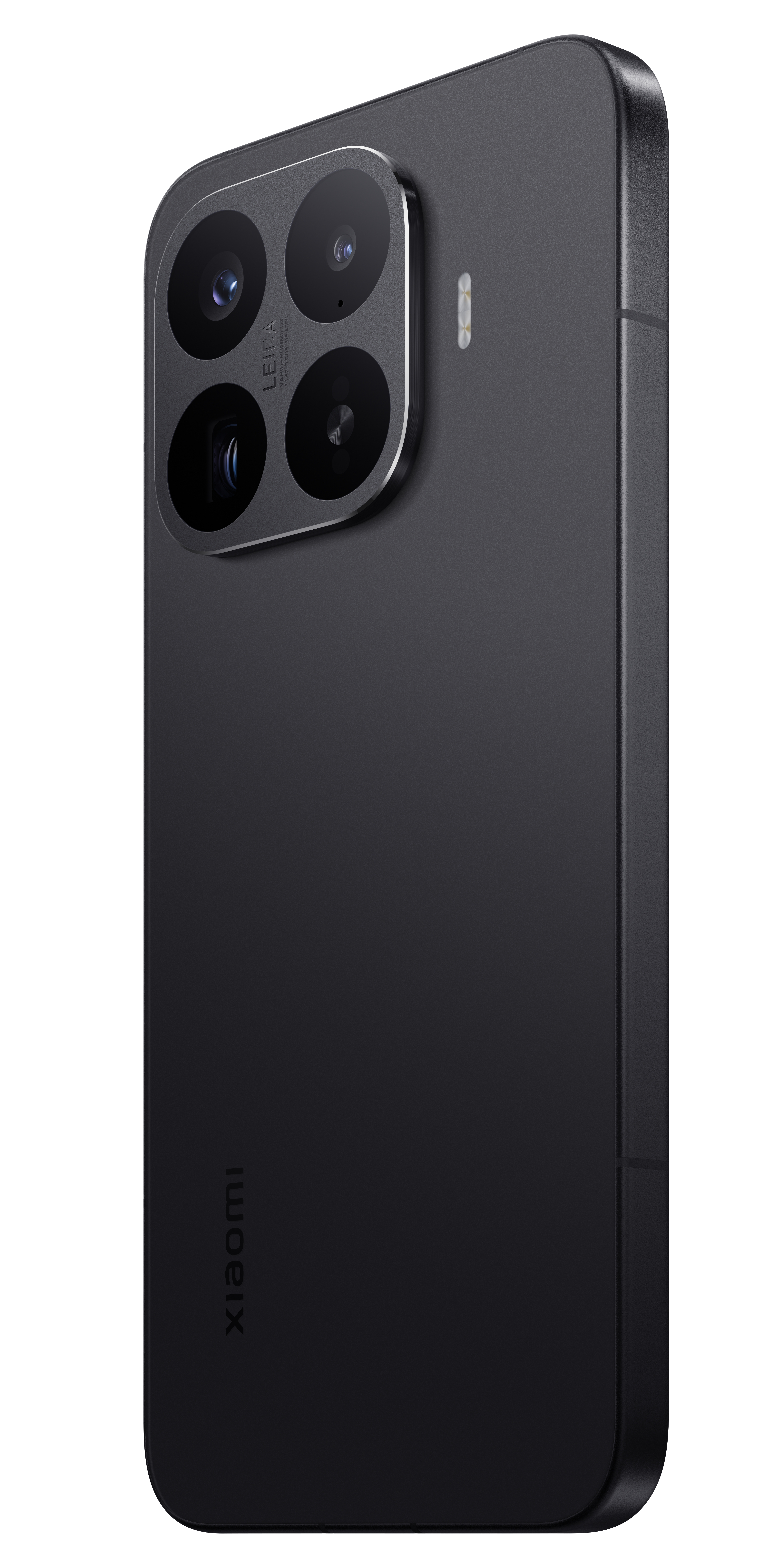 Schwarzes Smartphone mit vier Kameras und Leica-Branding, Xiaomi-Logo auf der Rückseite.