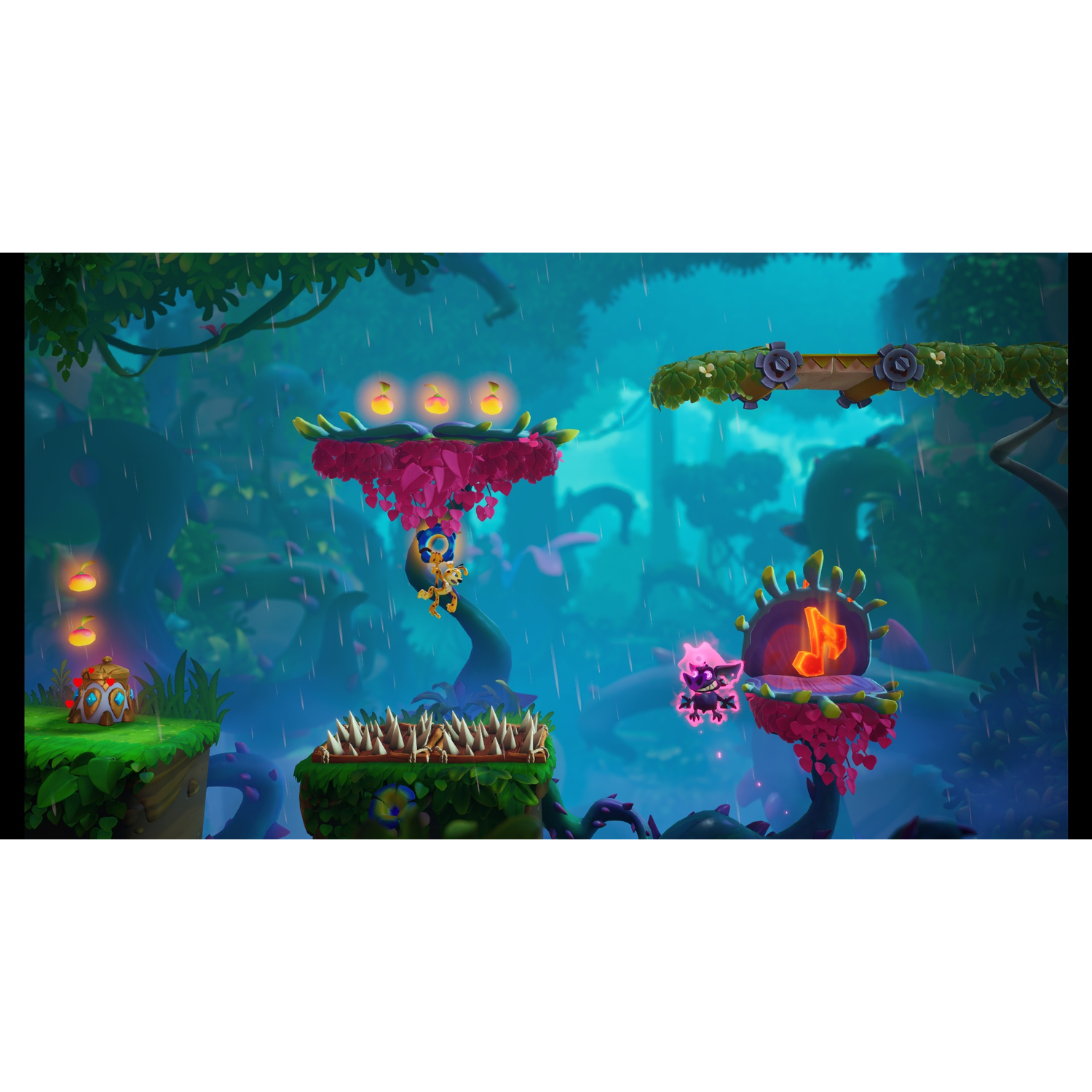 Een cartoonjungle met personages die op platforms springen.