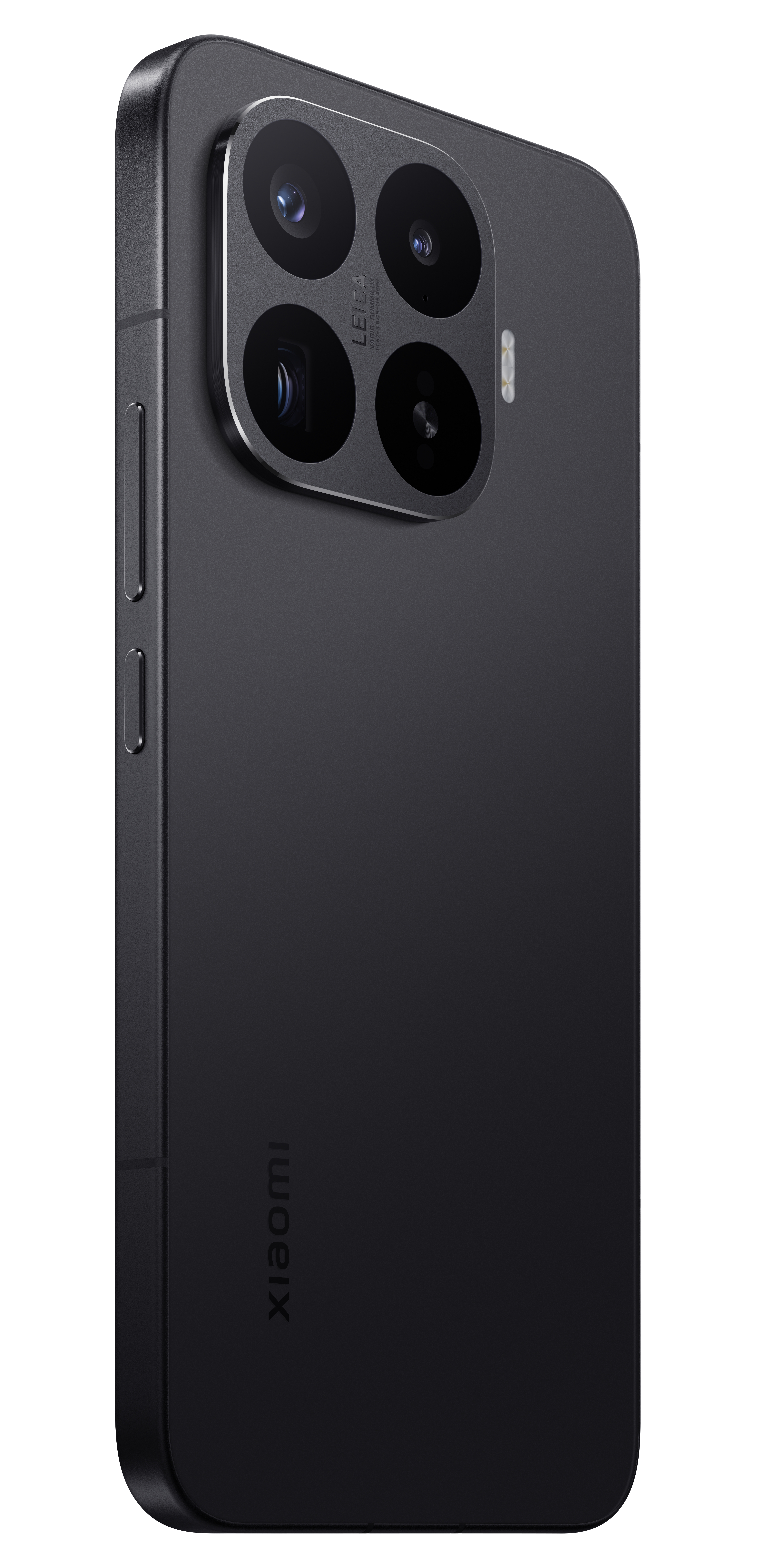 Schwarzes Smartphone mit vierfacher Leica-Kamera, seitliche Tasten und Xiaomi-Logo.