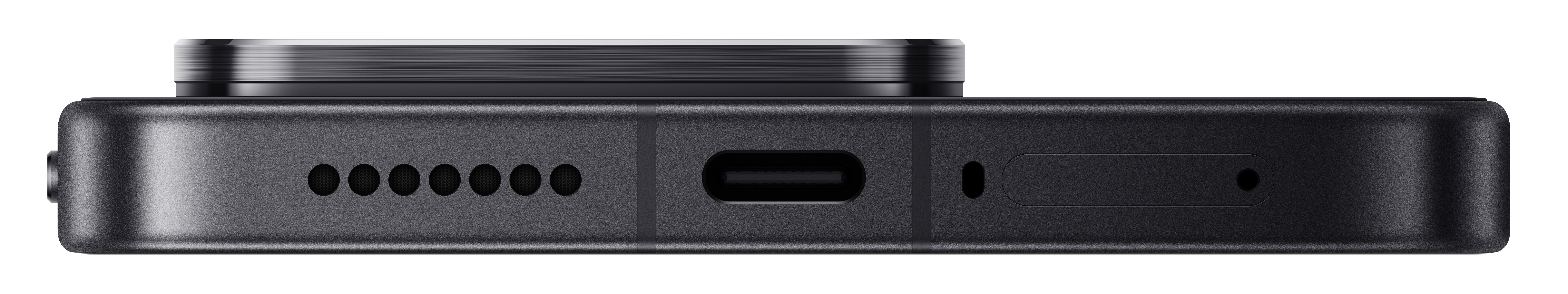 Draufsicht eines schwarzen Smartphones mit USB-C-Anschluss und Lautsprechergrill.