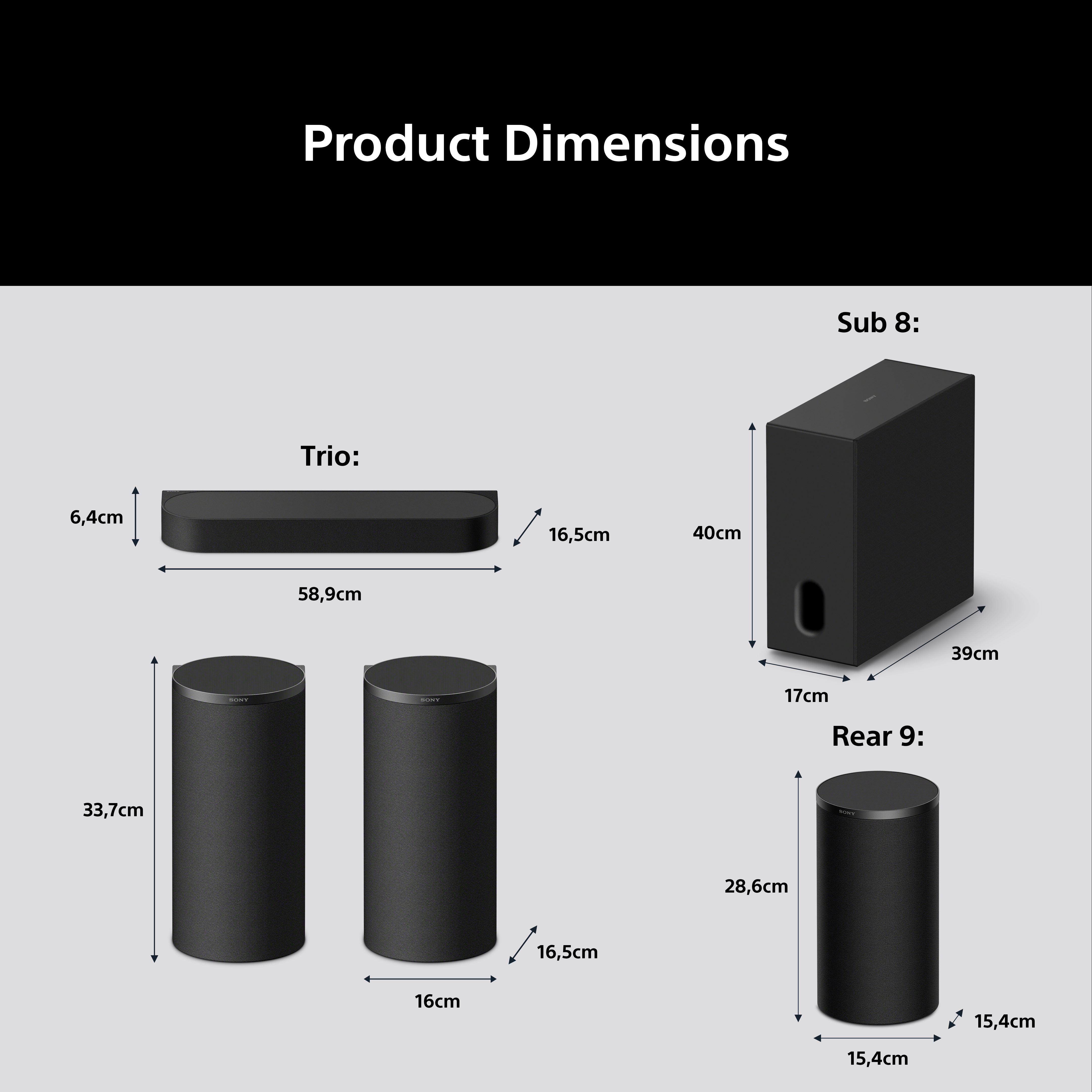 Dimensions du produit : Barre de son Trio, Sub 8, deux enceintes colonne et Rear 9.