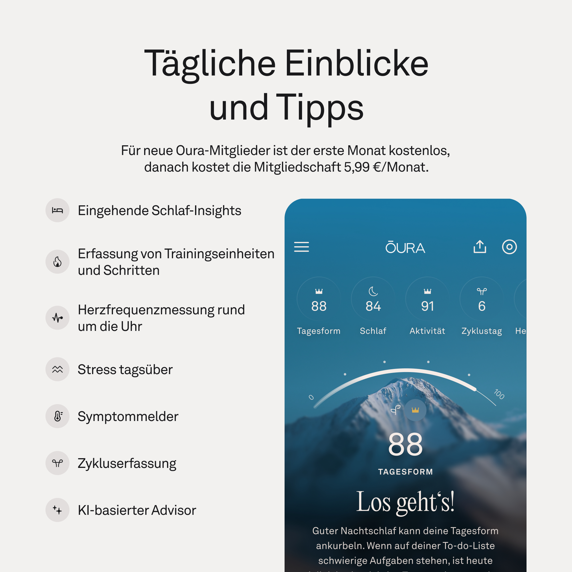 Oura-App-Übersicht mit Schlaf-, Aktivitäts- und Zyklusdaten über Bergen.