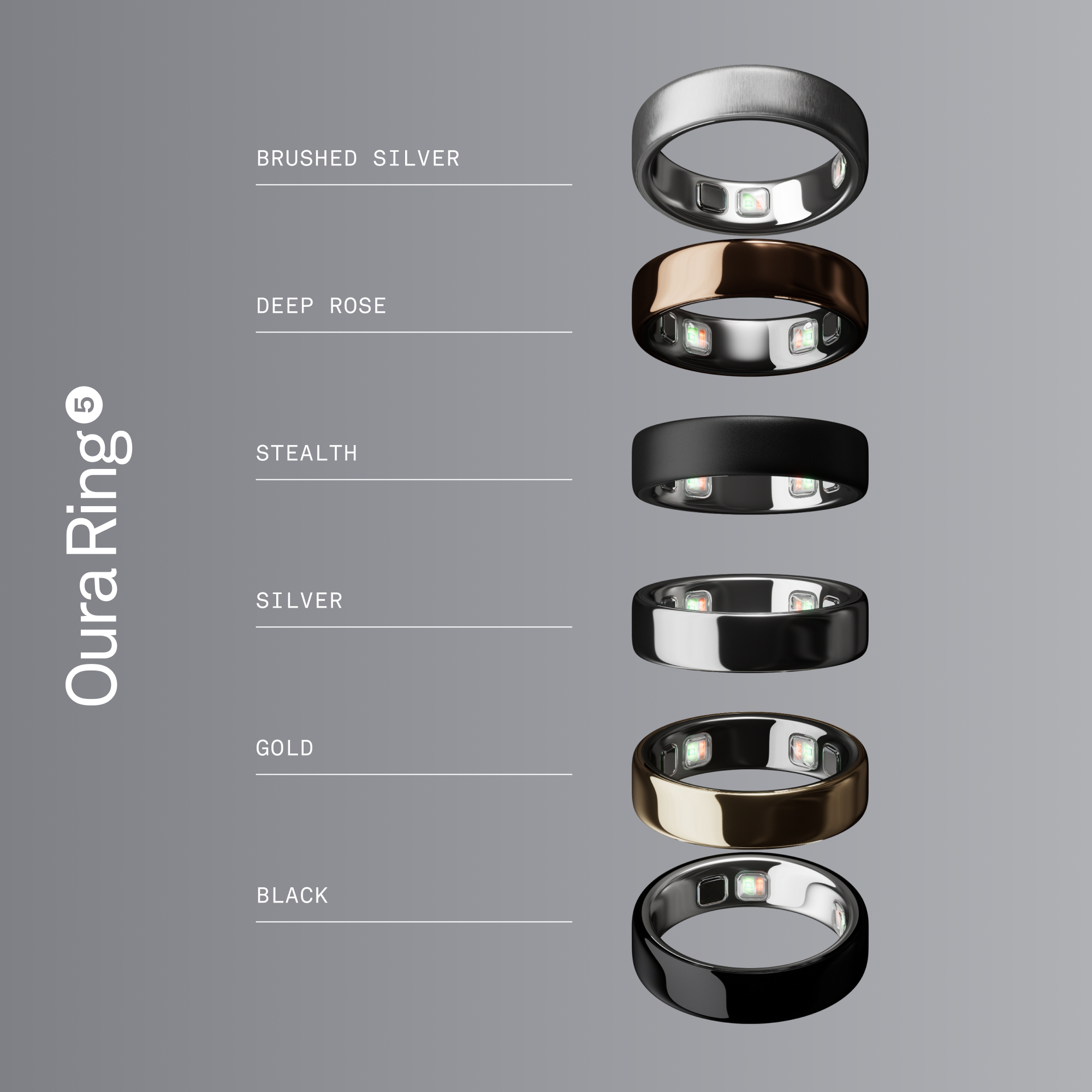 Sechs Oura-Ringe in verschiedenen Farben: Silber, Roségold, Schwarz, Silber, Gold, Schwarz.