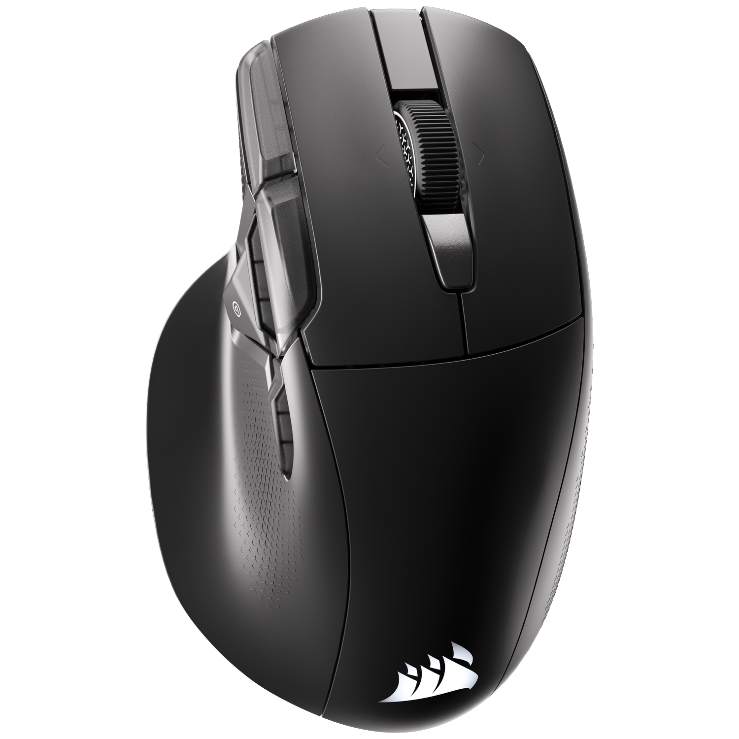 Zwarte gamingmuis met getextureerd scrollwiel en logo op zwarte achtergrond.