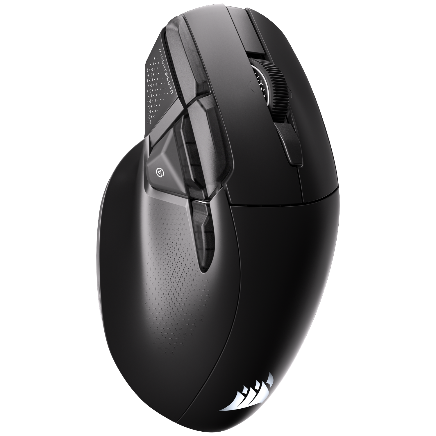 Een zwarte Corsair gamingmuis met getextureerde grip en verlicht logo op zwarte achtergrond.