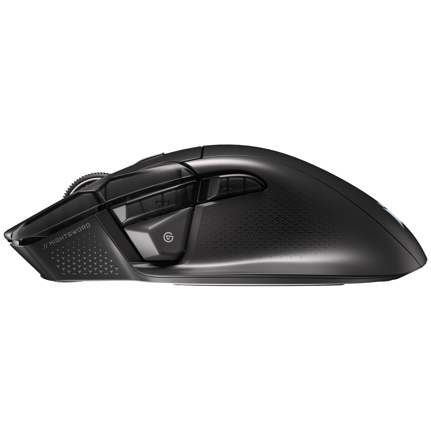 Zwarte gamingmuis met scrollwiel en knoppen, op witte achtergrond.