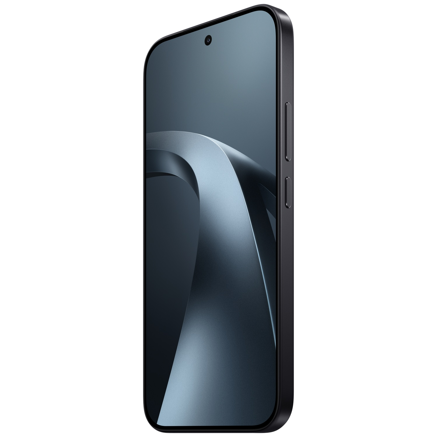 A black smartphone with a dark, abstract background displayed on its screen.