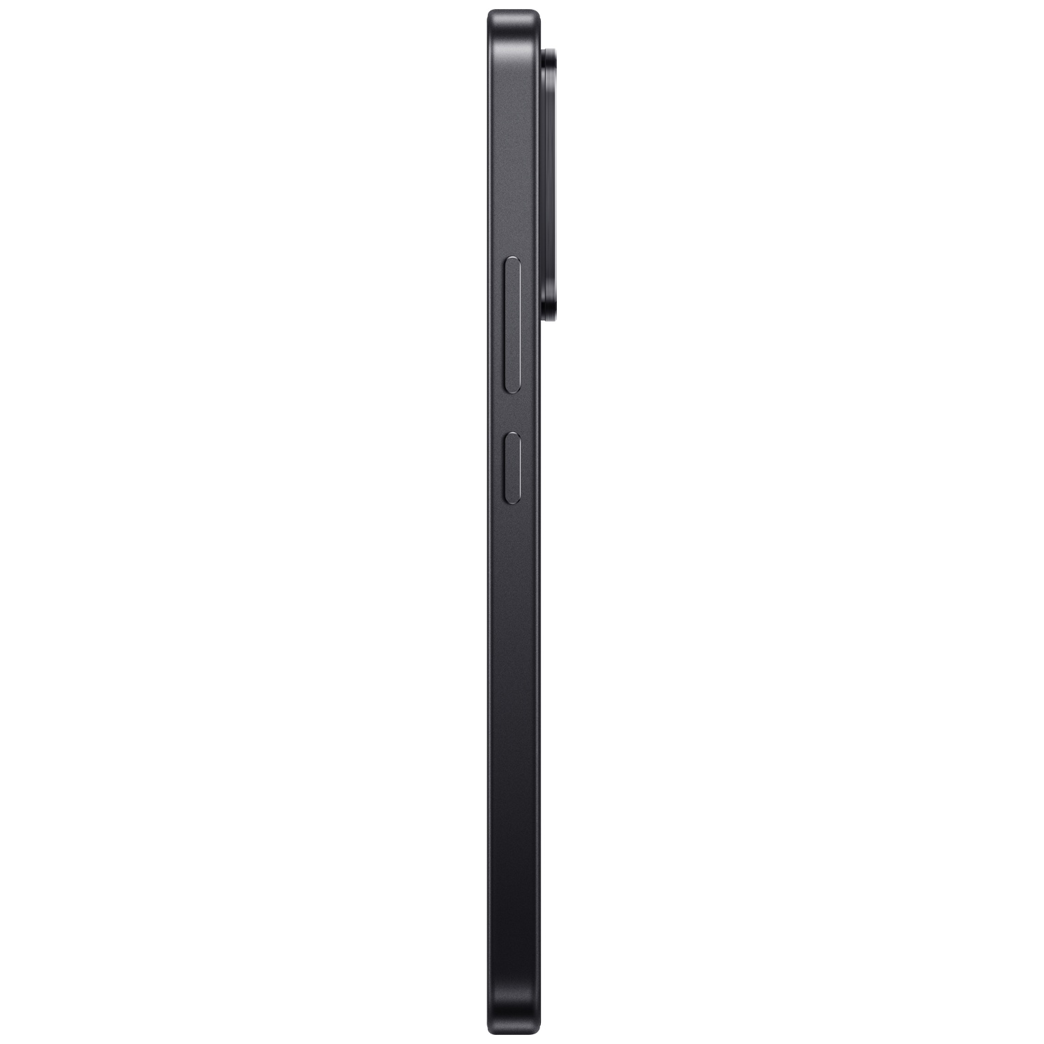 Dark gray smartphone shown in profile, with volume and power buttons visible.