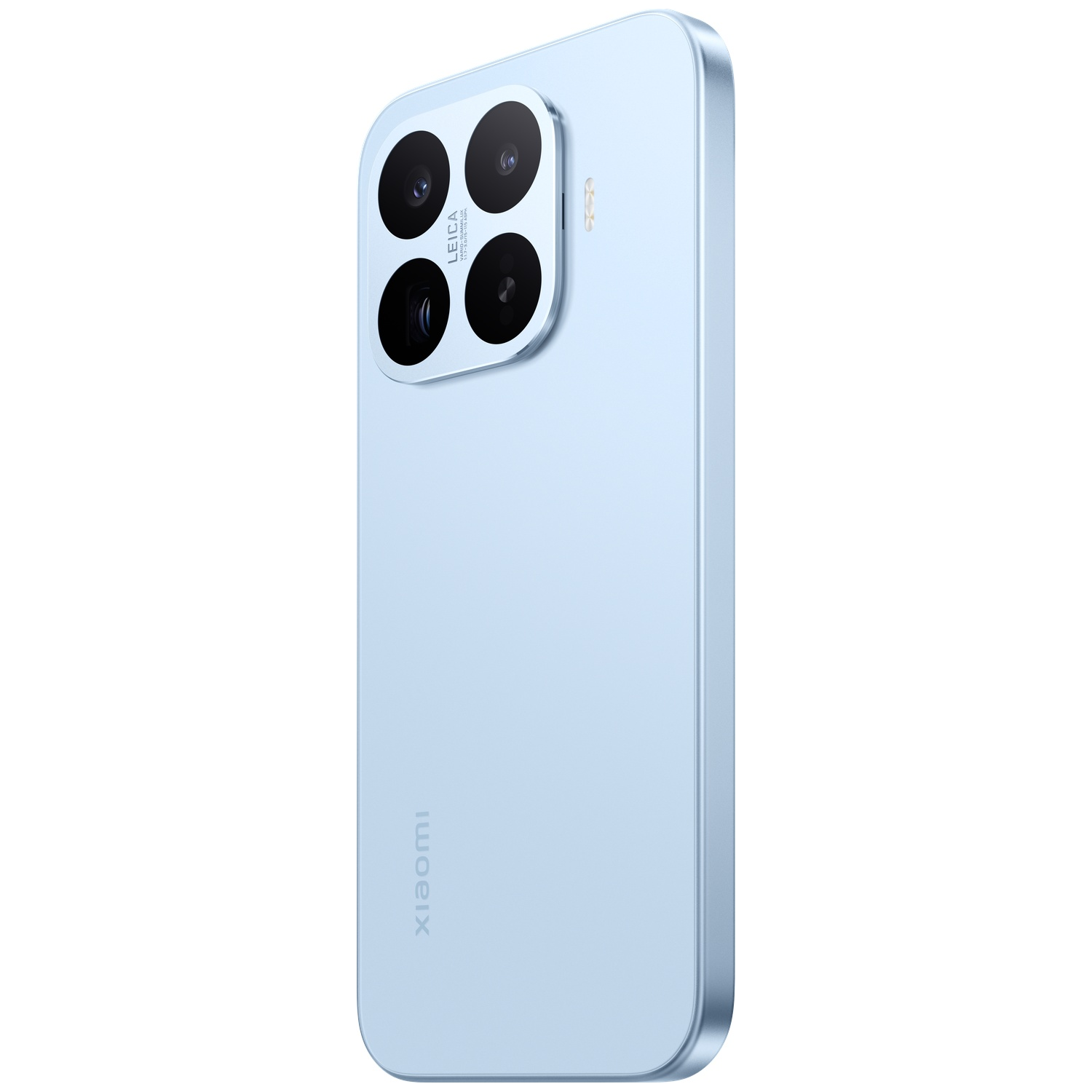 Light blue smartphone with a quad-camera system and Leica branding.