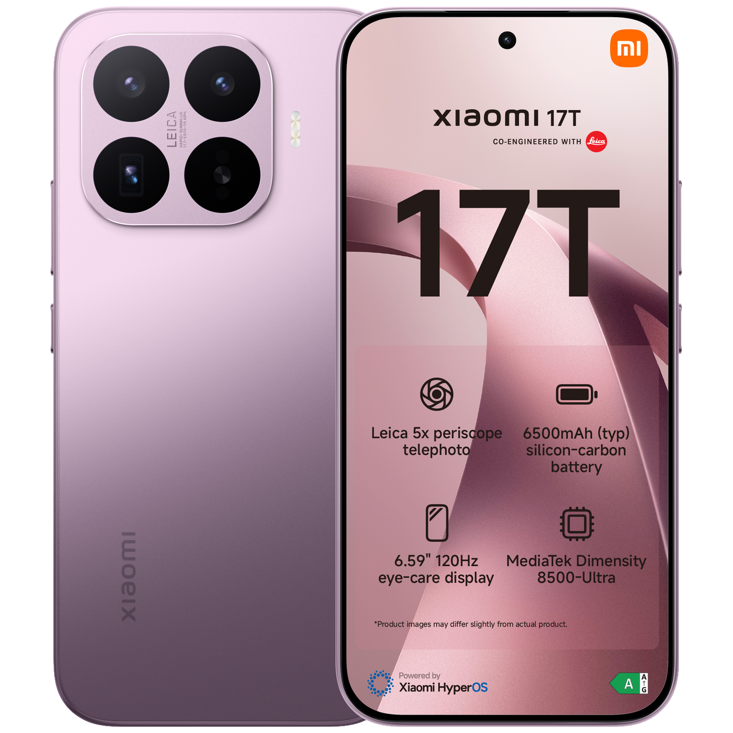 A purple Xiaomi 17T smartphone with Leica camera and tech specs.