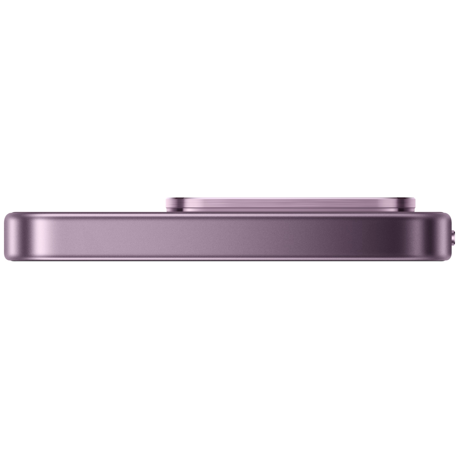 Side view of a purple smartphone with a camera lens, on white background.