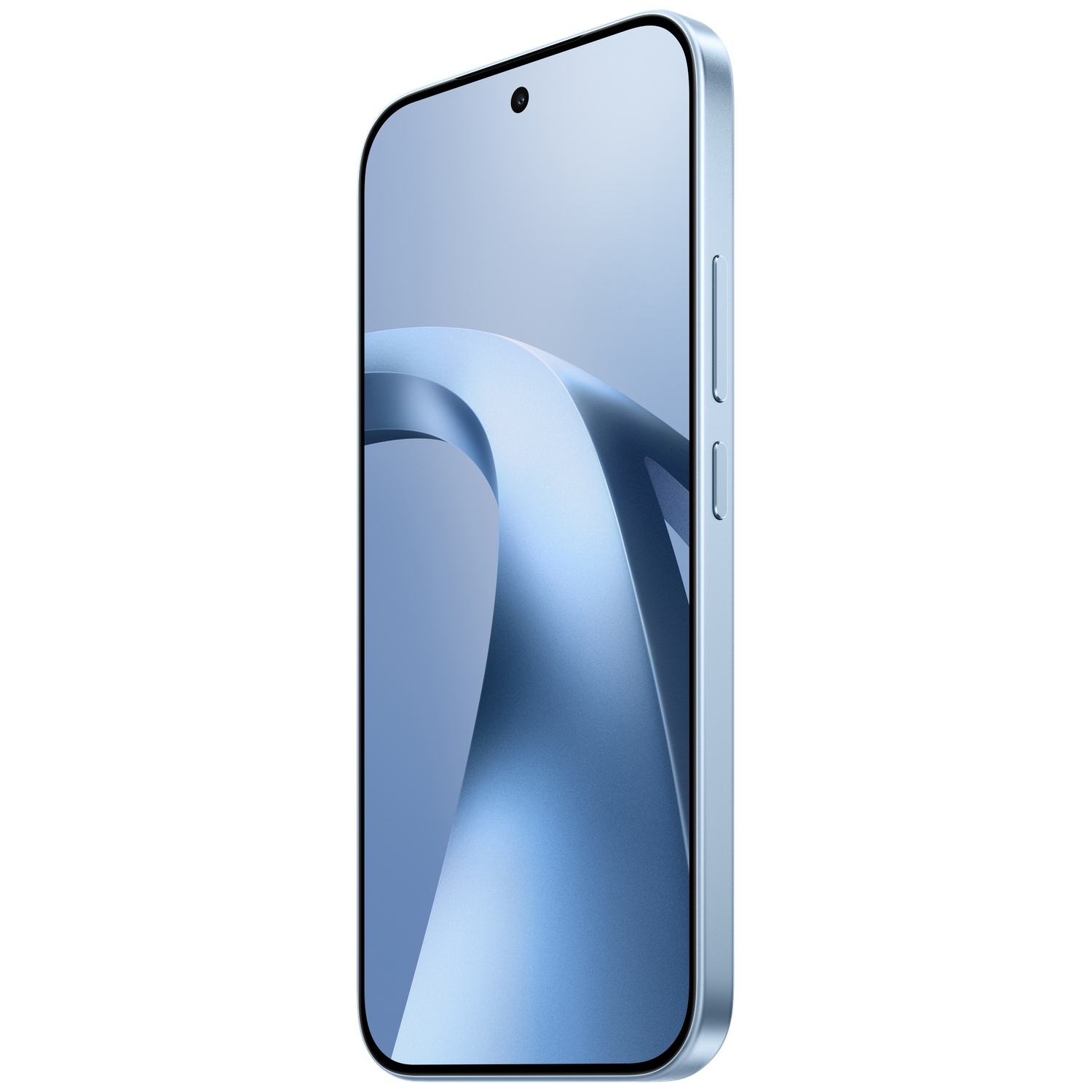 A blue smartphone with a curved light blue background on the screen.