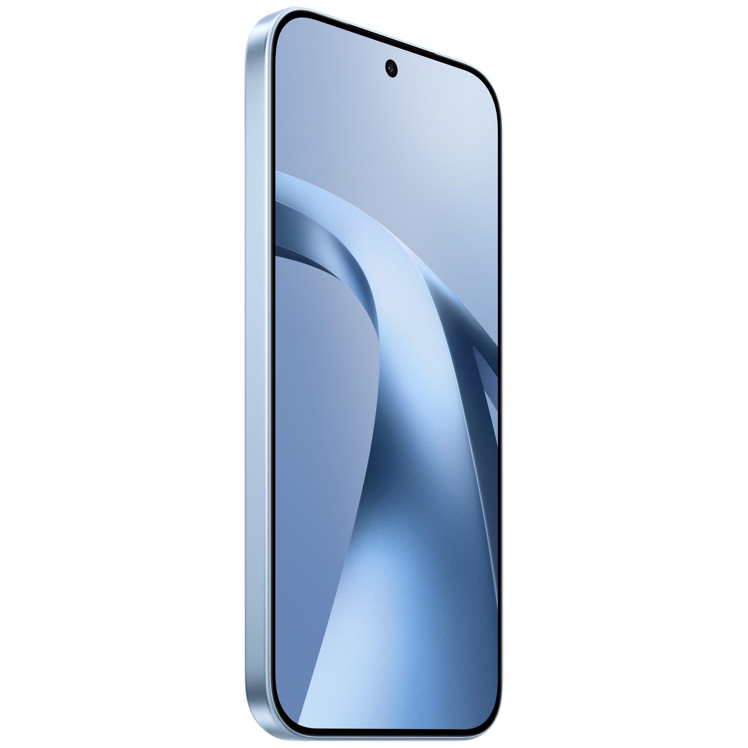A light blue smartphone in portrait mode with a front camera and blue background.
