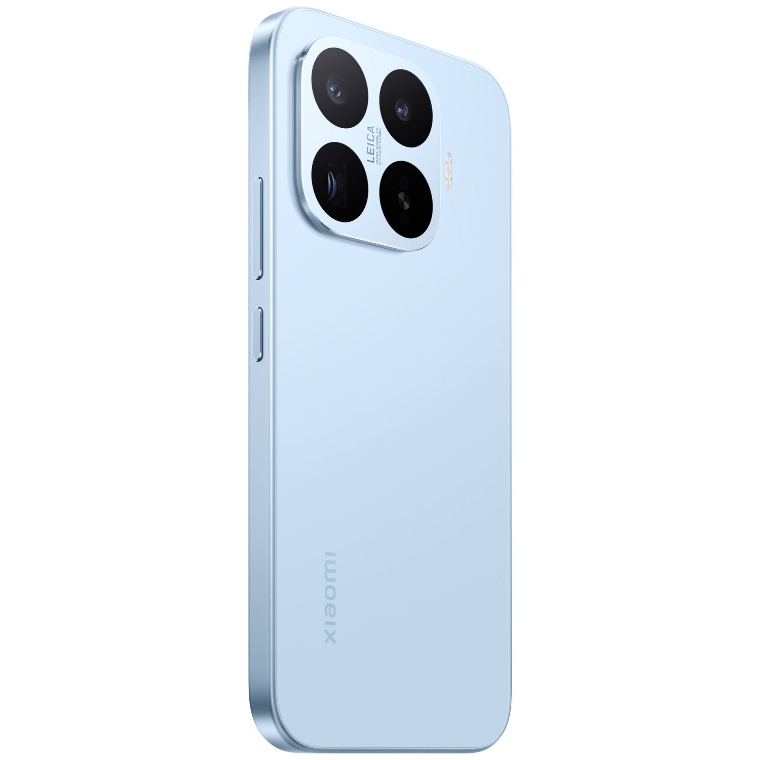 A light blue smartphone featuring a Leica camera system on its back.