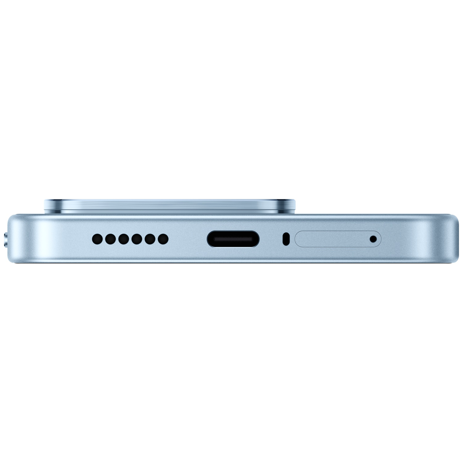 Bottom view of a light blue smartphone showing charging port and speaker grille.