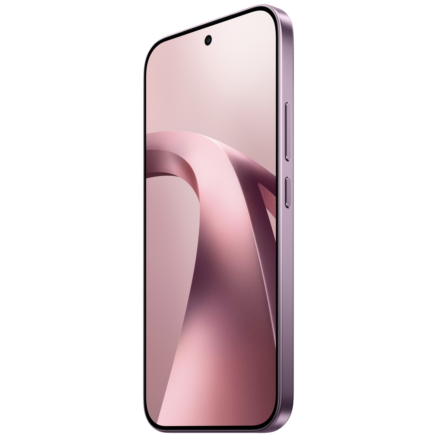 A purple smartphone featuring a stylized metallic ribbon on its screen.