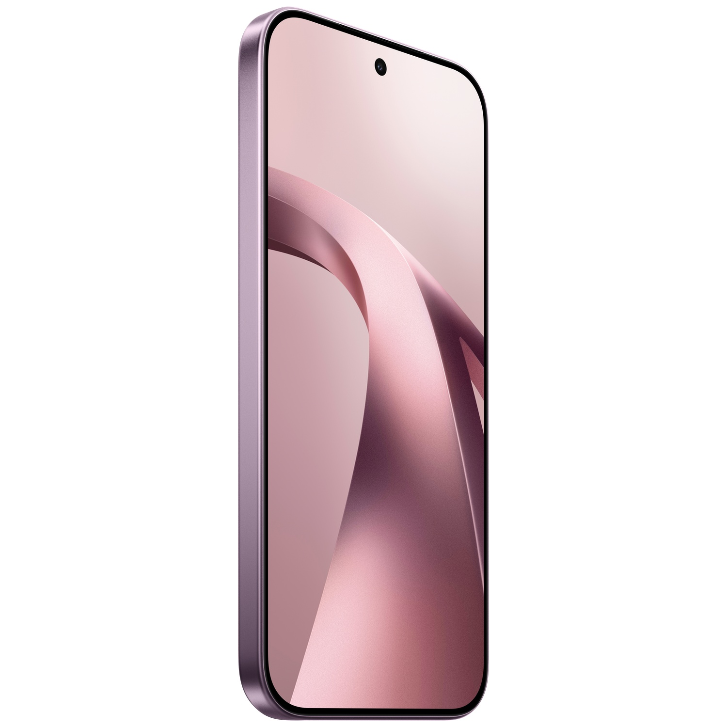 Purple smartphone with a pink, curved background on the screen.