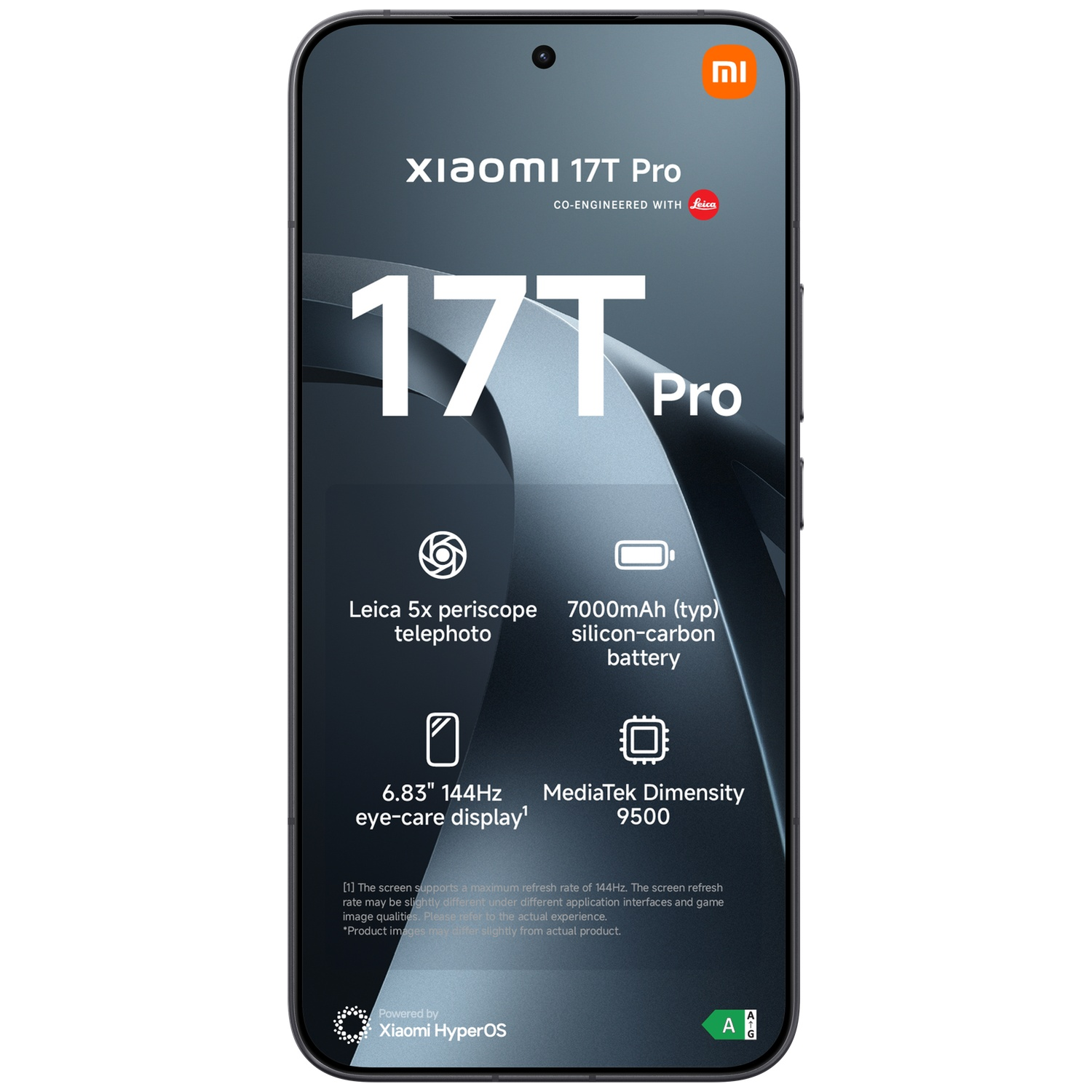 Xiaomi 17T Pro phone with Leica camera, 7000mAh battery, 144Hz display.