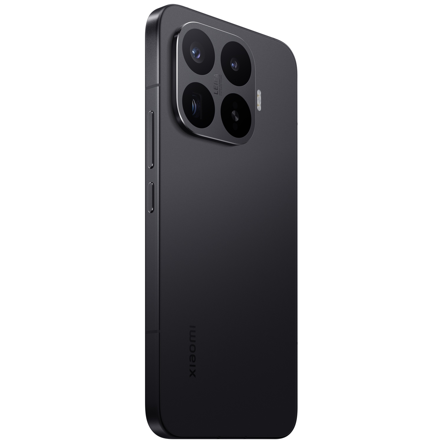 Black smartphone with a four-lens camera module and Leica branding. Xiaomi logo at bottom.