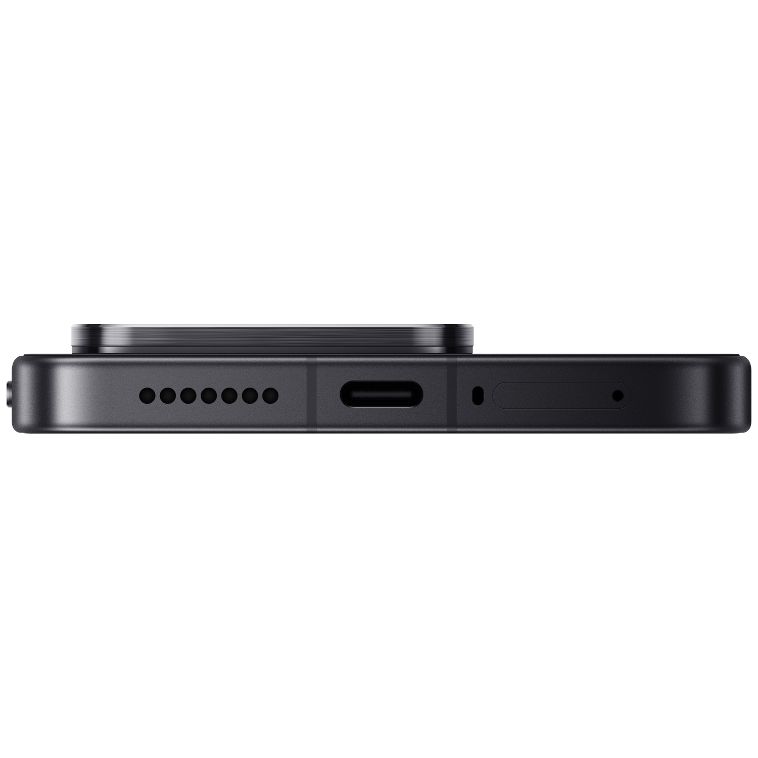 Close-up of a black smartphone's bottom edge, showing charging port and speaker grille.
