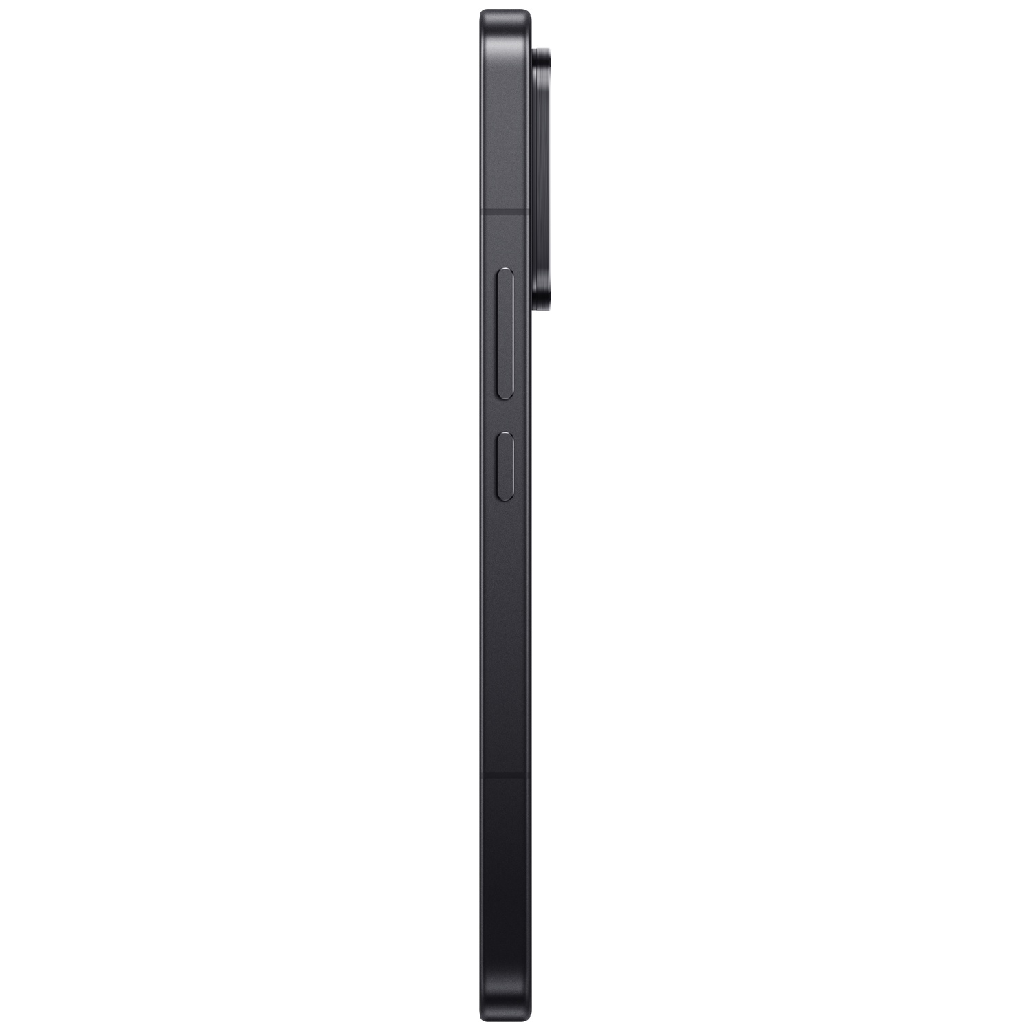 Dark gray smartphone shown from the side with two buttons.