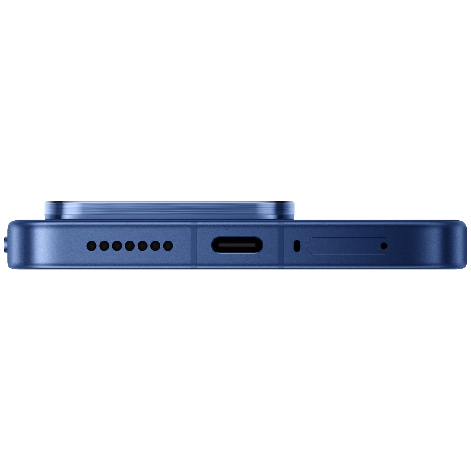 Bottom view of a blue smartphone, showing charging port and speaker grilles.