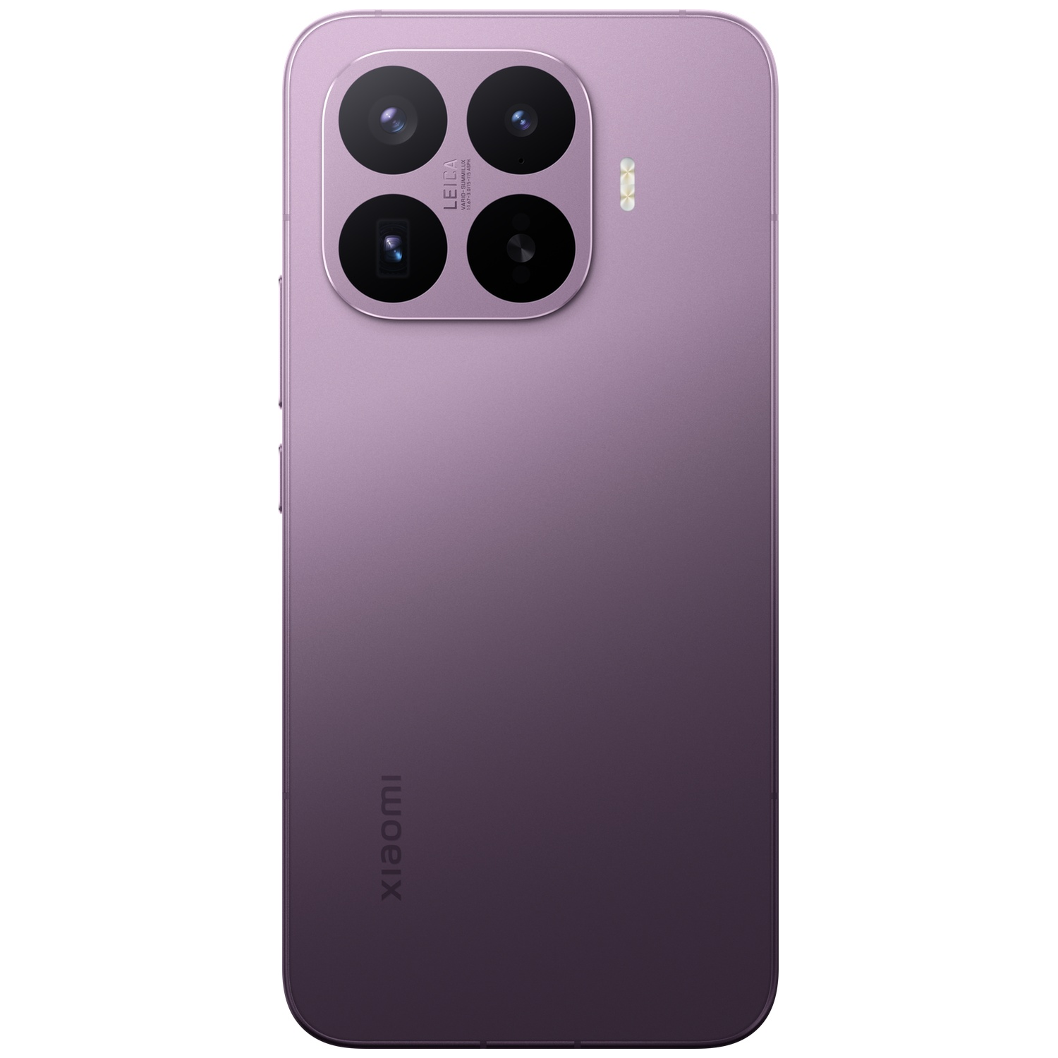 Back of a purple smartphone with four cameras and Leica branding.
